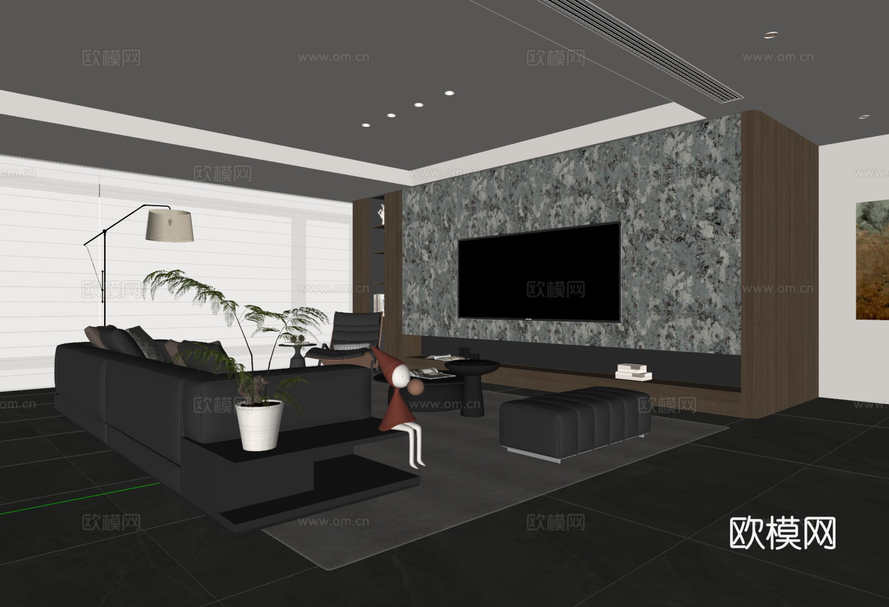 现代意式客厅 沙发茶几 电视背景墙 多人沙发 休闲椅 落地灯su模型