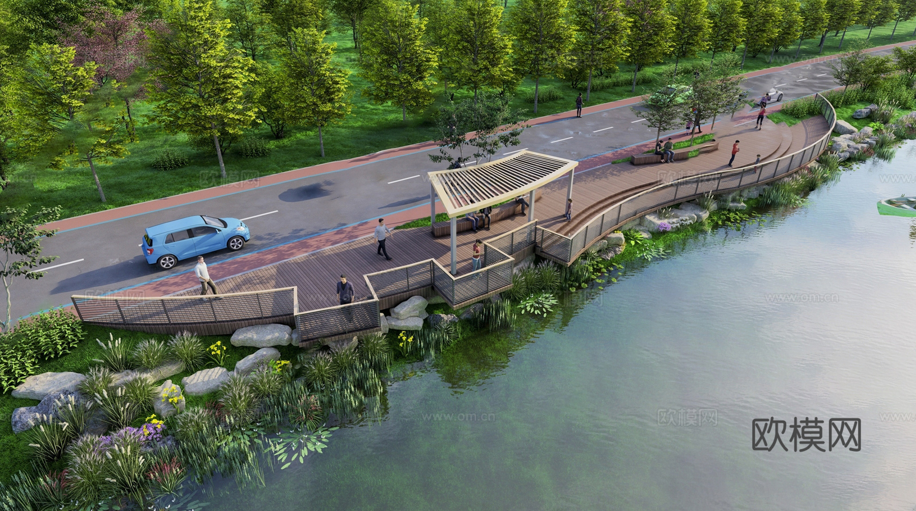现代滨水景观 河岸景观 滨水景观公园 滨江栈道景观su模型下载（渲染图1）