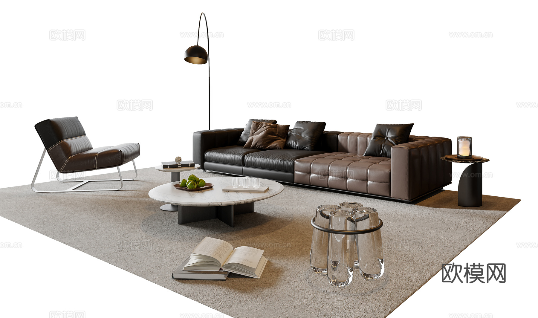 现代意式沙发茶几组合 多人沙发 皮质沙发 休闲椅 地毯3d模型下载