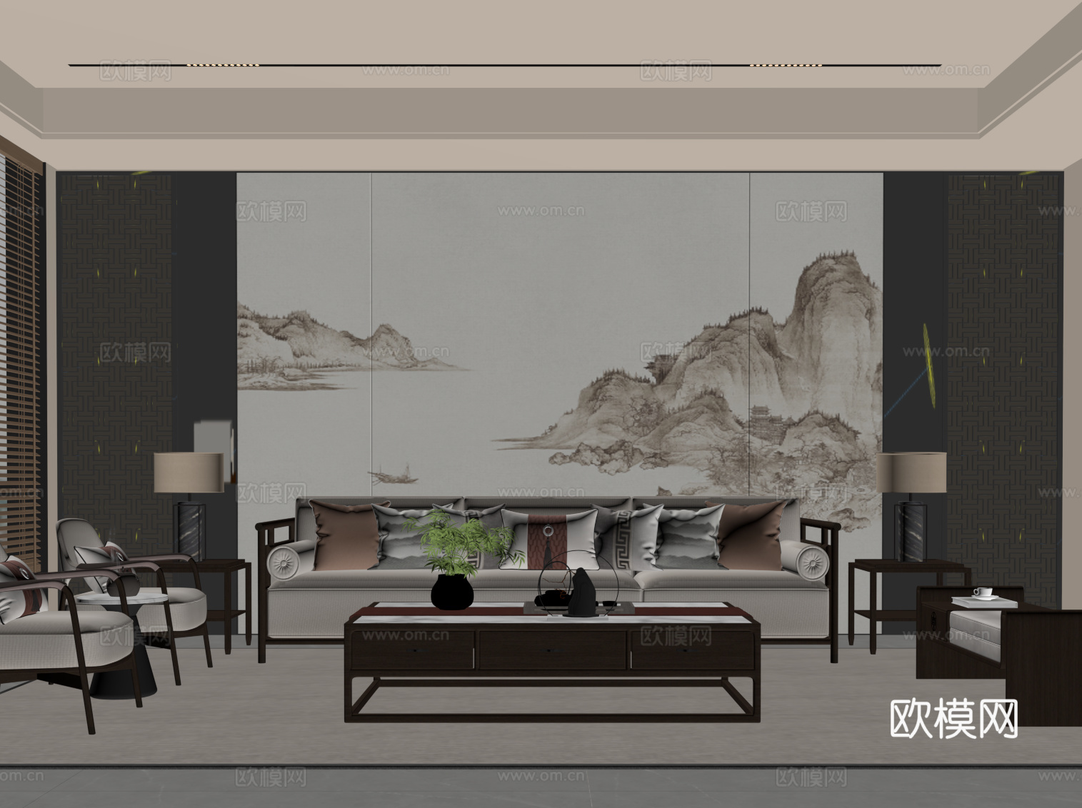 新中式沙发茶几组合 背景墙su模型