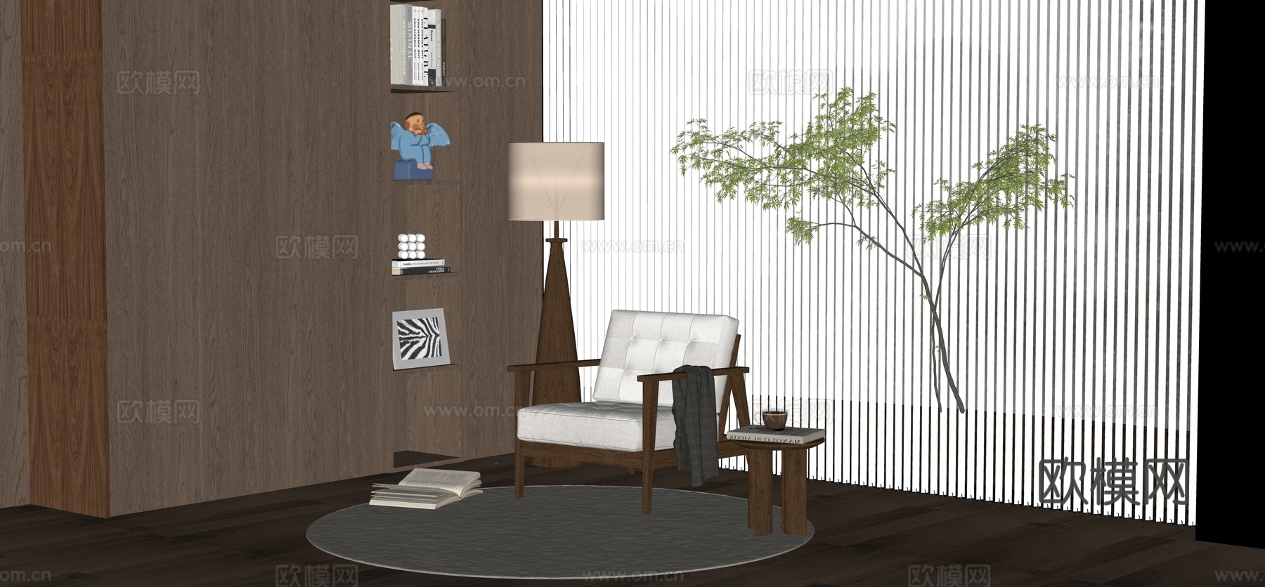 日式原木风客厅su模型
