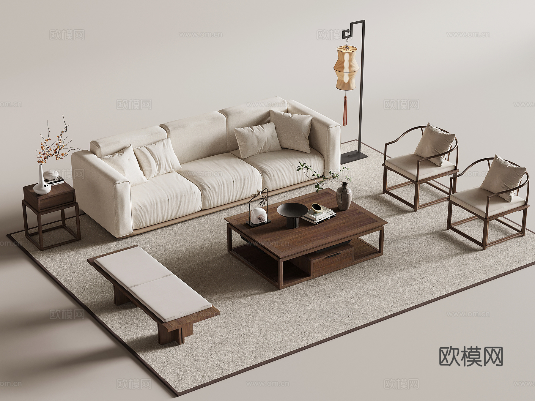 中古风沙发茶几组合su模型