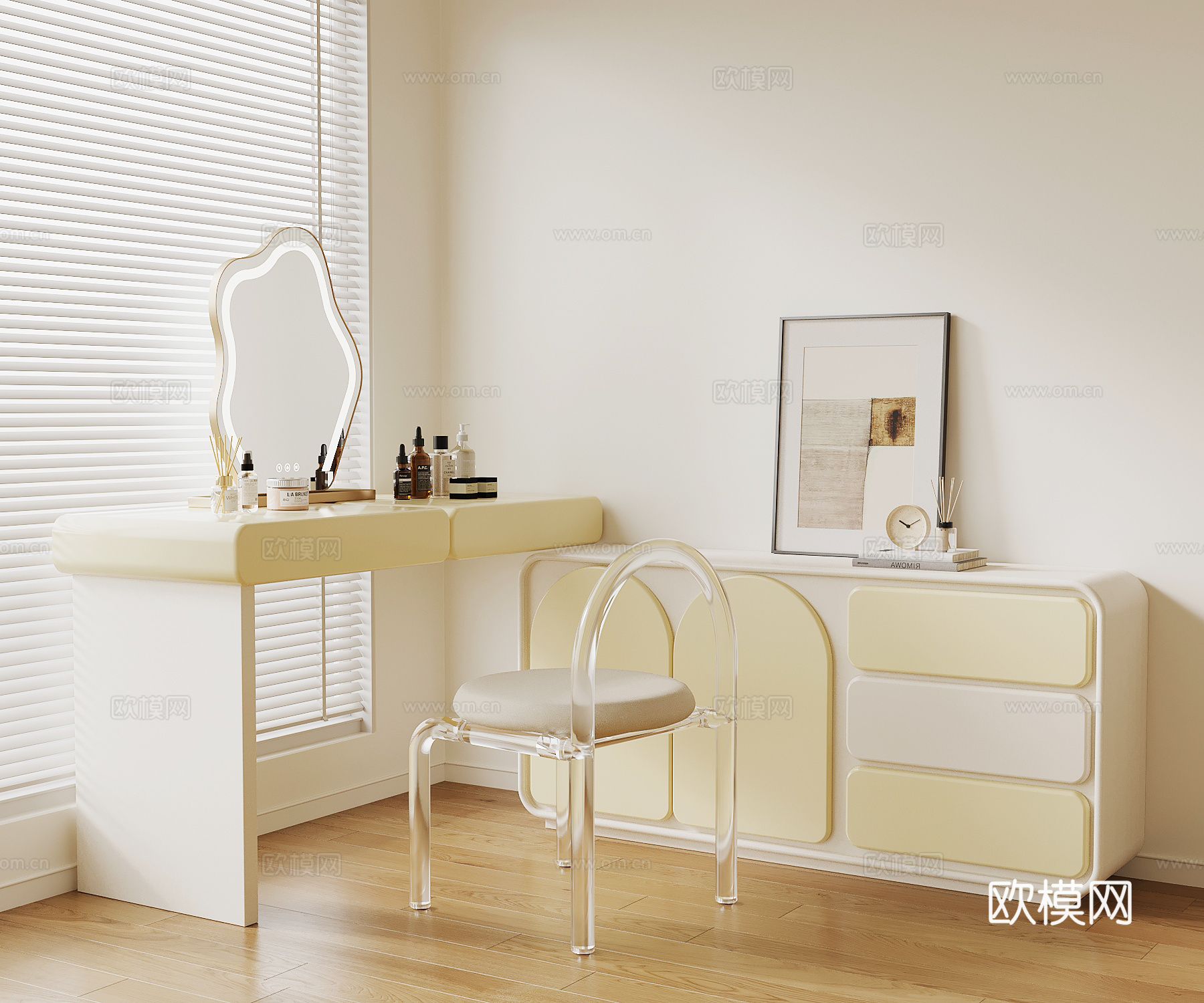 现代奶油风梳妆台 化妆台su模型