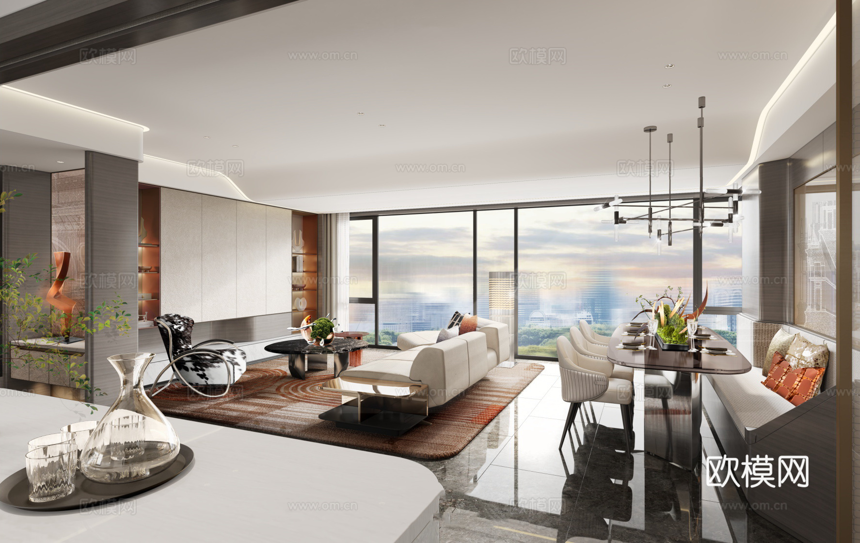 轻奢大平层 样板间 最新全套施工图 效果图合集cad施工图下载（渲染图2）