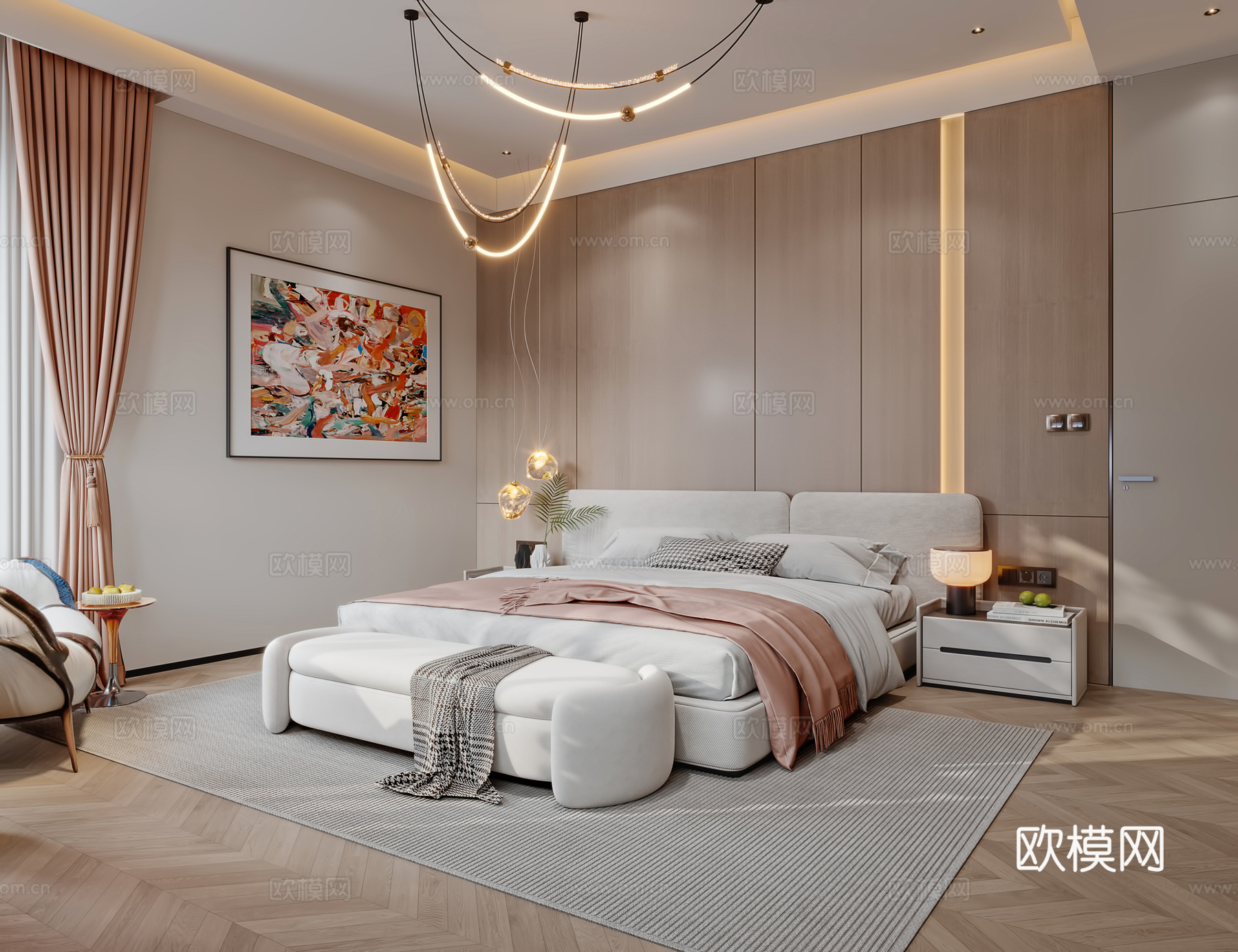 现代主卧室3d模型下载（渲染图1）