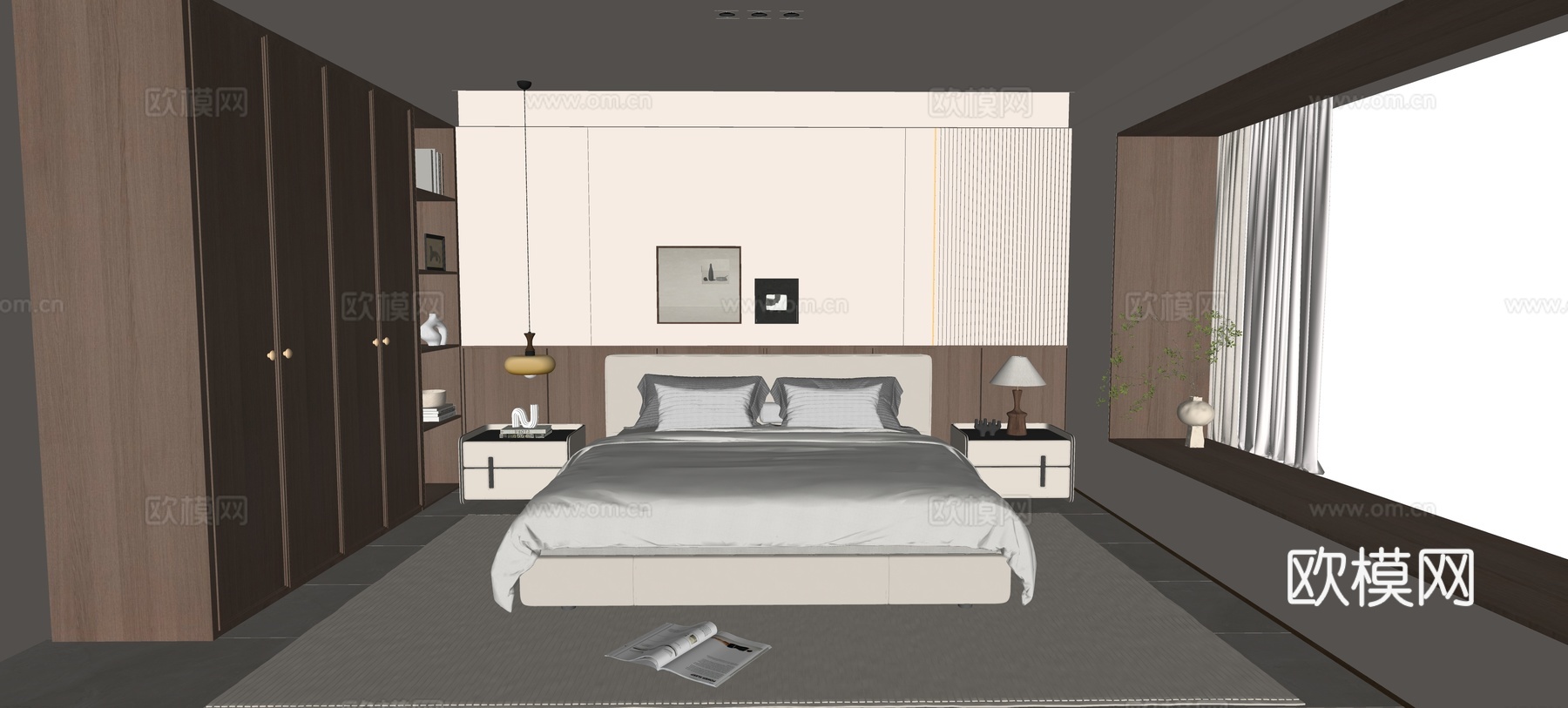 意式轻奢家居卧室 主卧床头背景墙 皮质双人床 床头柜吊线灯su模型