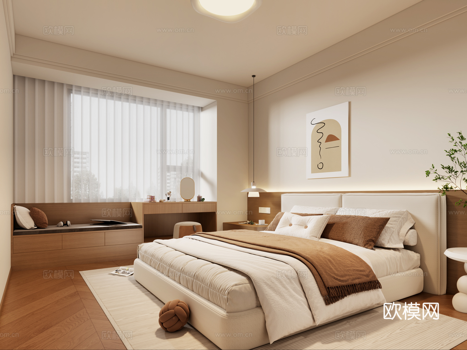 奶油风卧室主卧 中古风卧室主卧 奶油风床 中古风床3d模型下载（渲染图2）