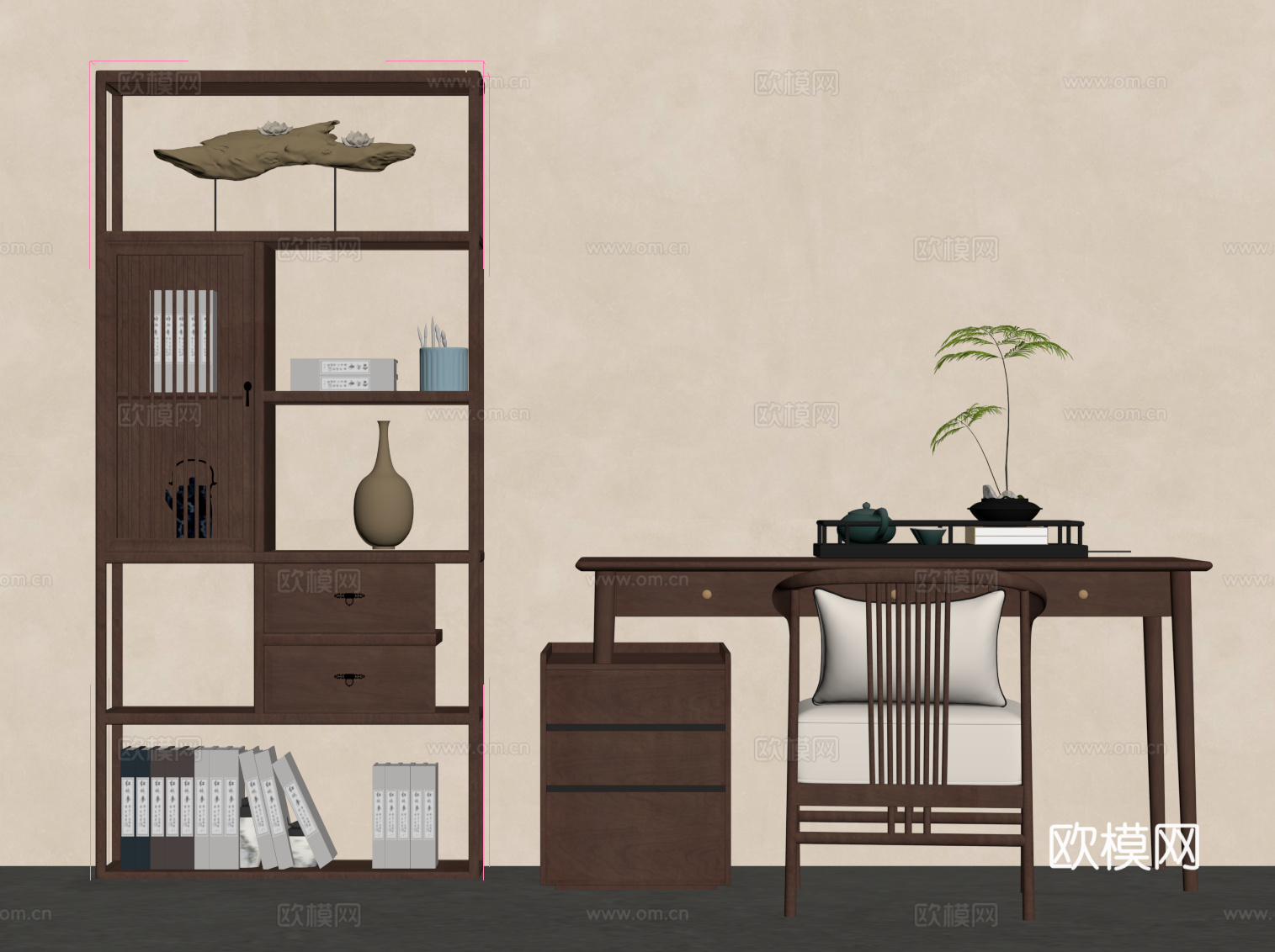 新中式书桌椅 博古架su模型
