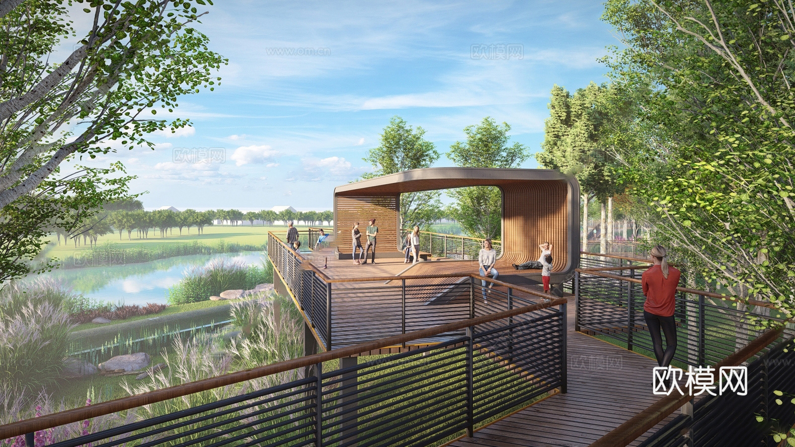 现代滨水景观 河岸景观 滨水景观公园 滨江栈道景观su模型下载（渲染图1）