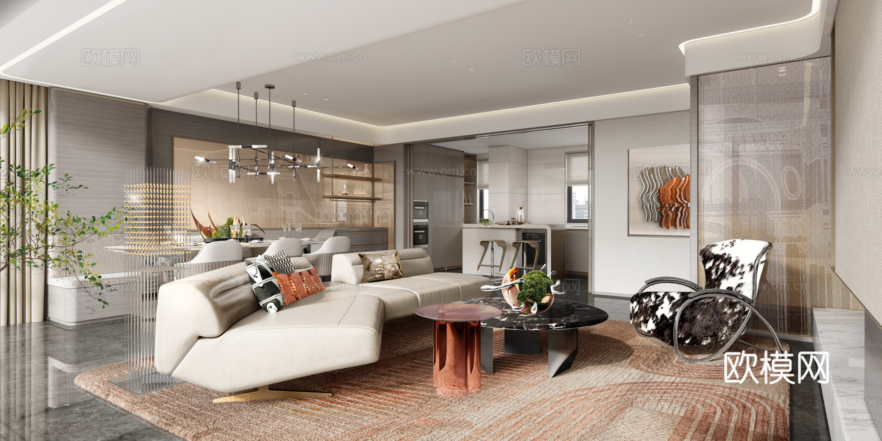 轻奢大平层 样板间 最新全套施工图 效果图合集cad施工图下载（渲染图1）