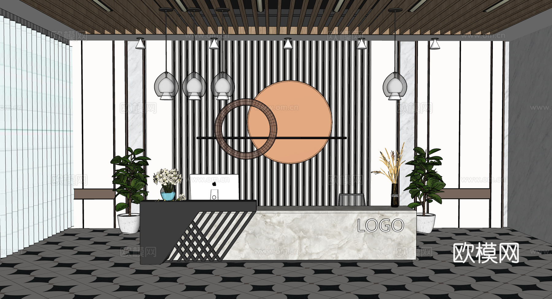 0051现代简约办公室前台接待台su模型