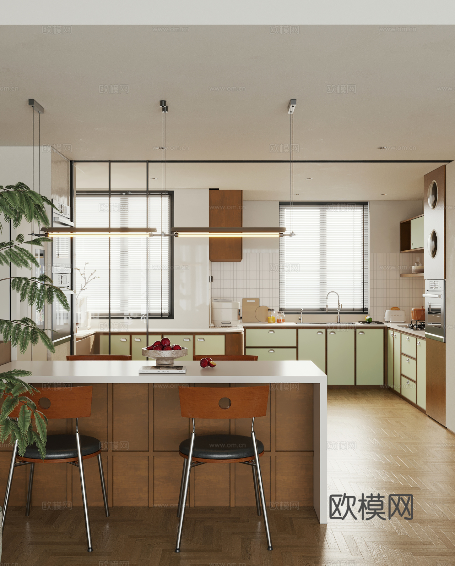 巴豪斯厨房 中古风开放式厨房 岛台厨房3d模型下载（渲染图1）