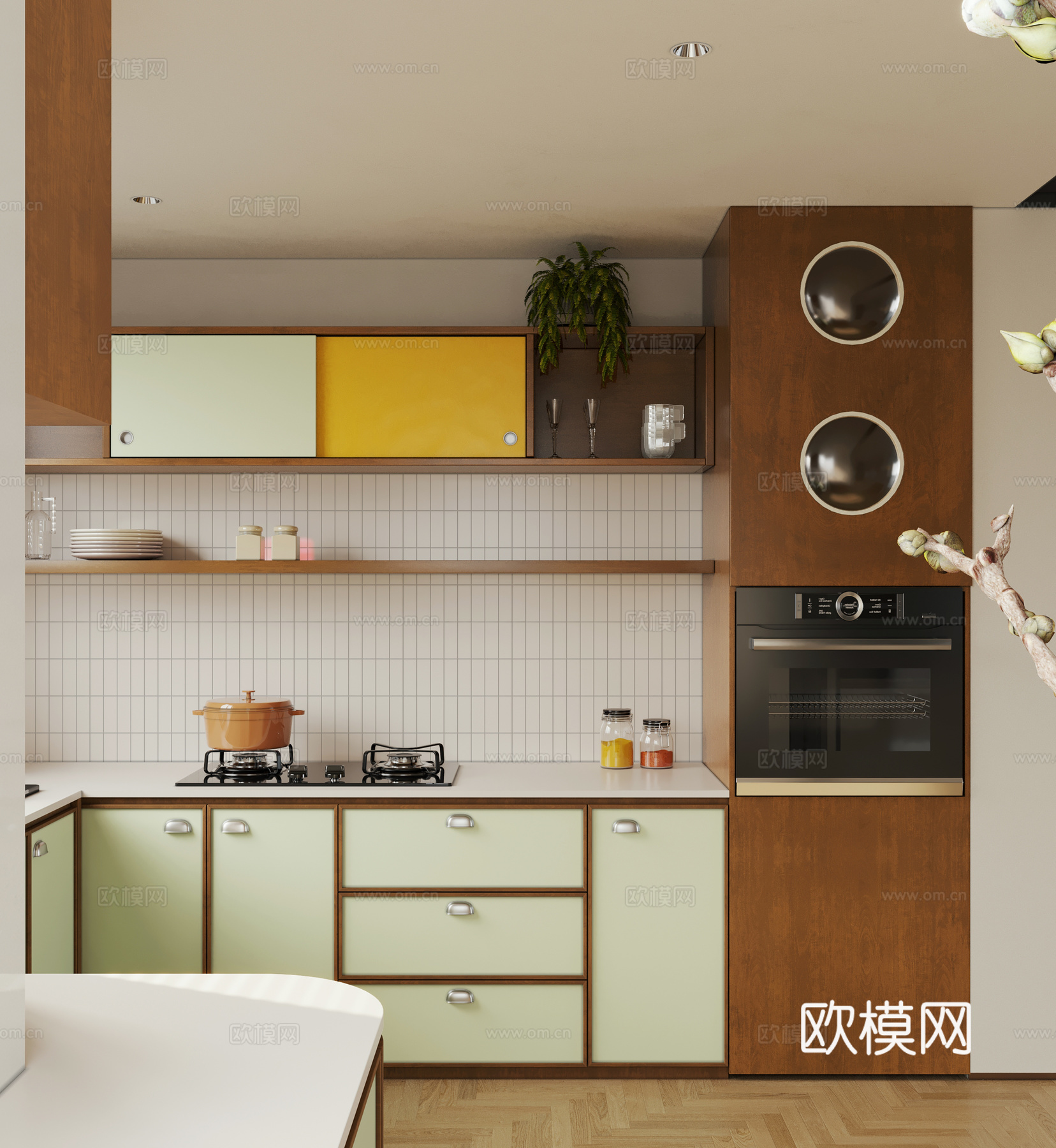 巴豪斯厨房 中古风开放式厨房 岛台厨房3d模型下载（渲染图2）