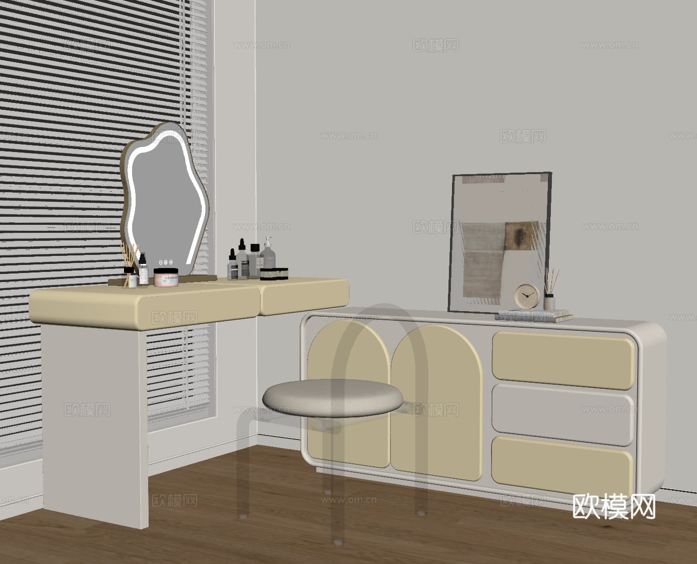 现代奶油风梳妆台 化妆台su模型