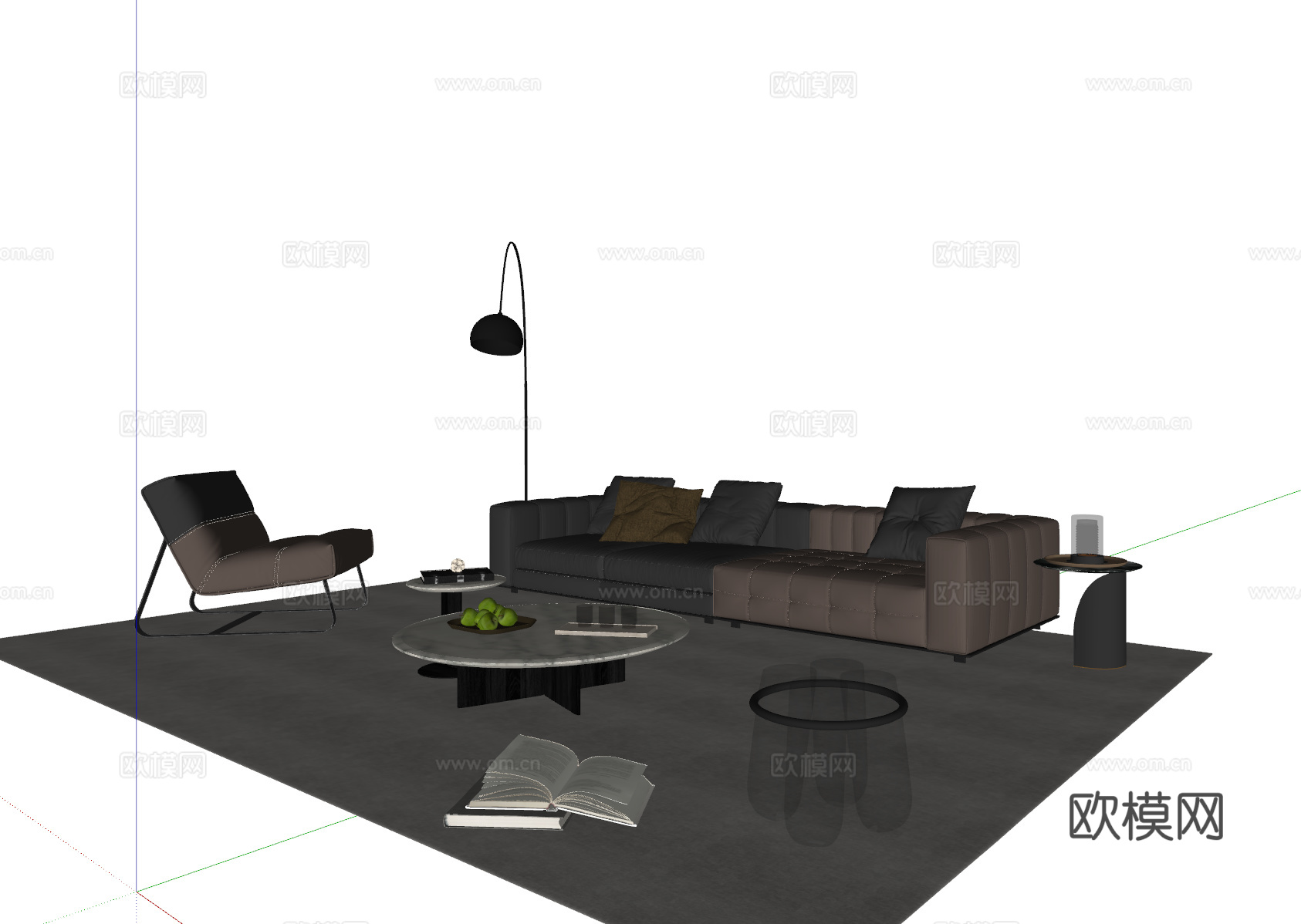 现代意式沙发茶几组合 多人沙发 皮质沙发 休闲椅 地毯su模型