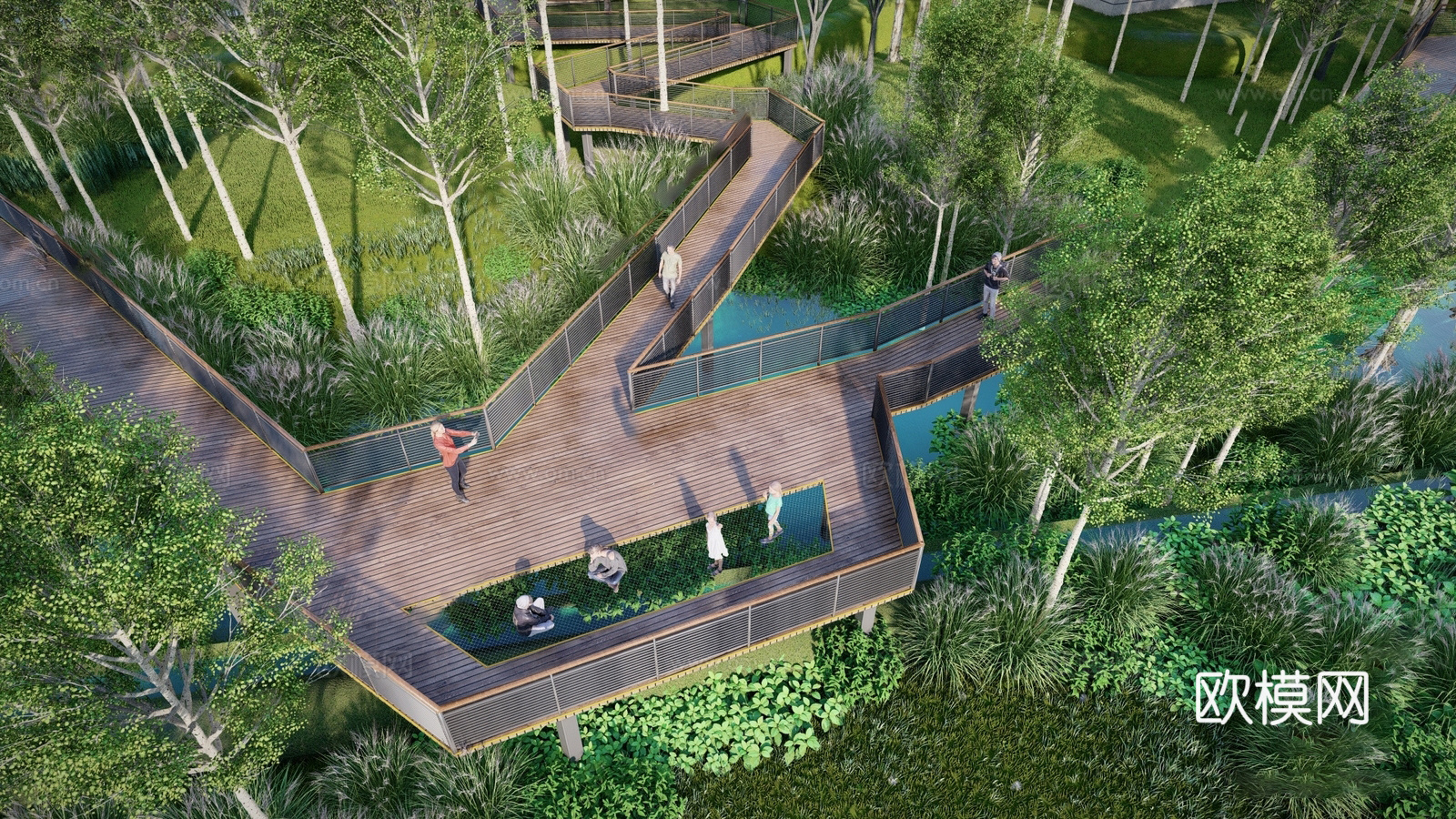 现代滨水景观 河岸景观 滨水景观公园 滨江栈道景观su模型下载（渲染图2）