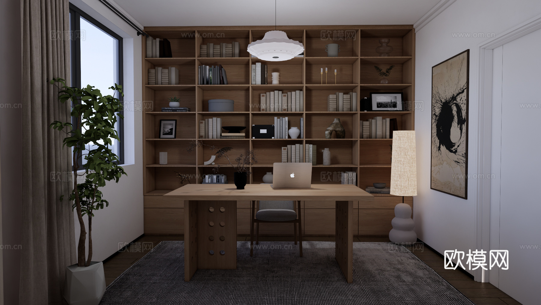 现代极简原木风家装书房su模型