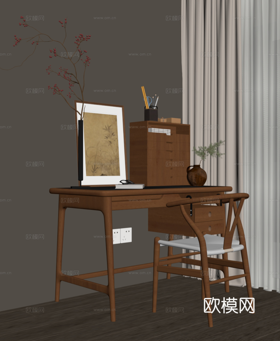 中古风书桌椅 写字台 学习桌椅su模型