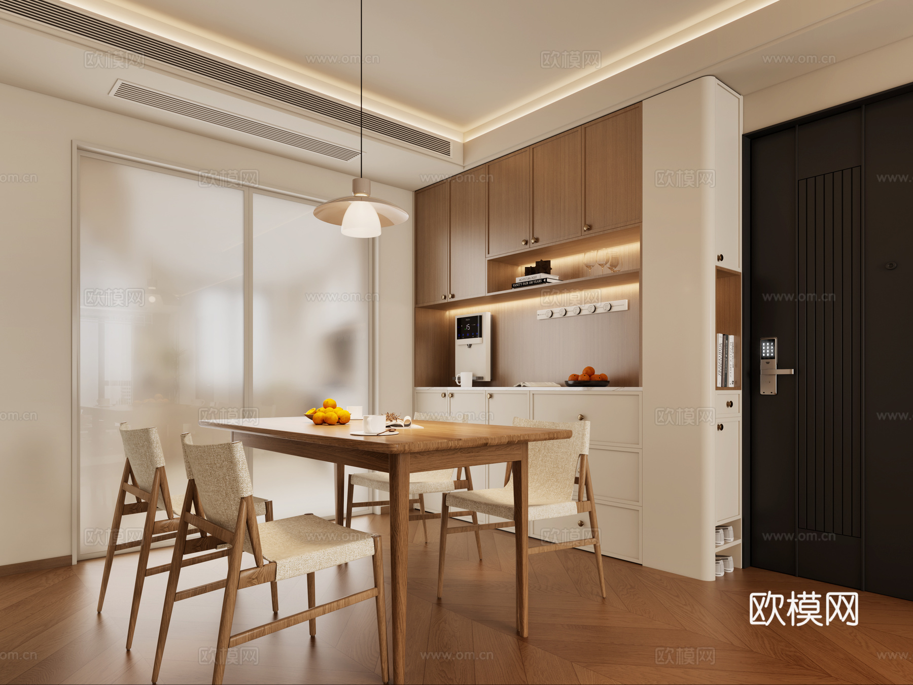 奶油中古风客餐厅 奶油风沙发 中古风沙发 中古风餐桌酒柜3d模型下载（渲染图3）