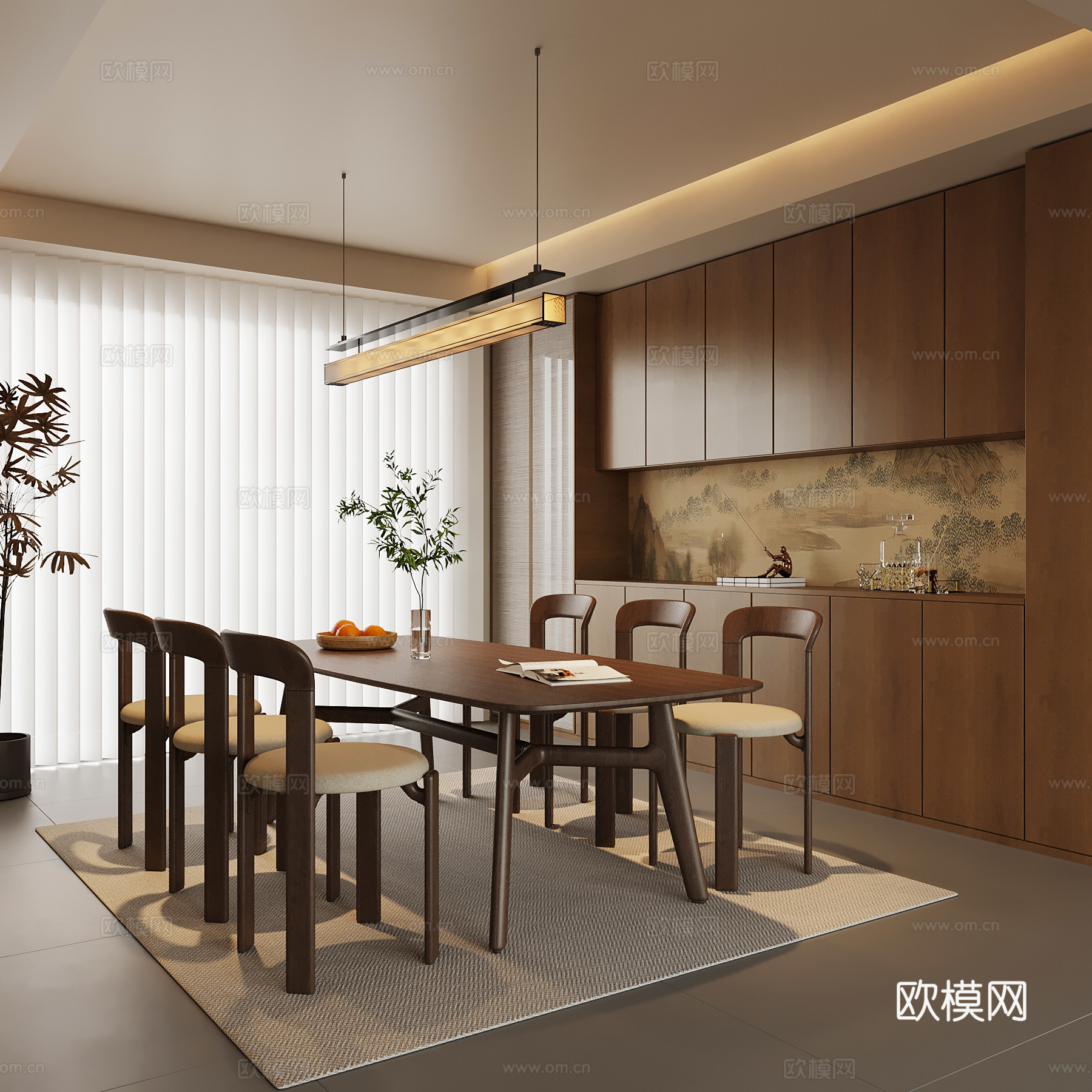 新中式餐厅 餐桌椅 餐边柜 酒柜su模型