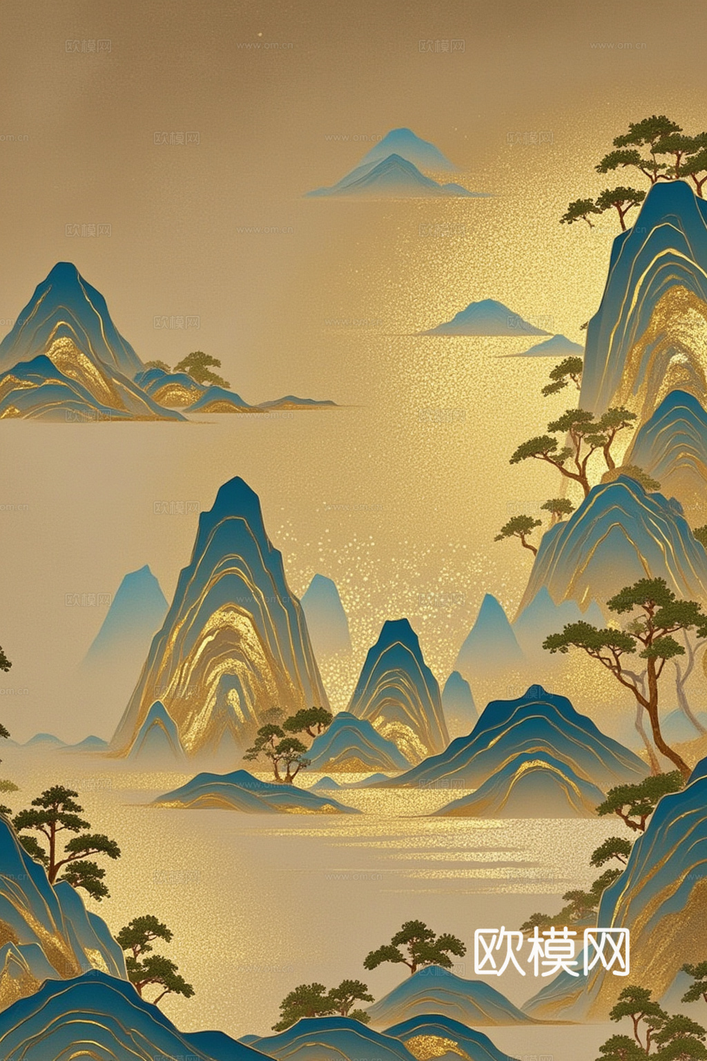 新中式民俗风景装饰画 金色风景画