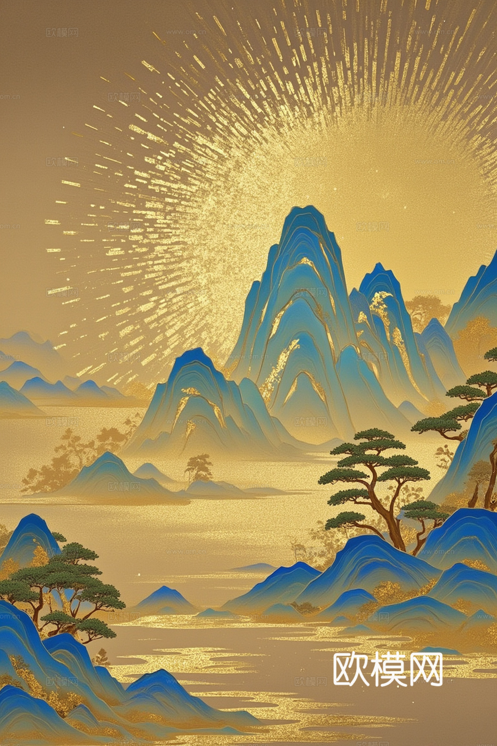 新中式民俗风景装饰画 金色风景画