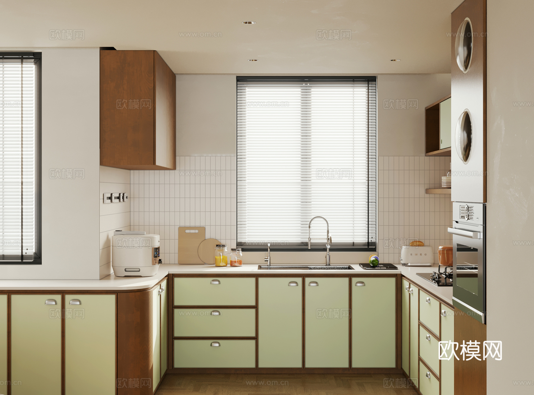 巴豪斯厨房 中古风开放式厨房 岛台厨房3d模型下载（渲染图3）