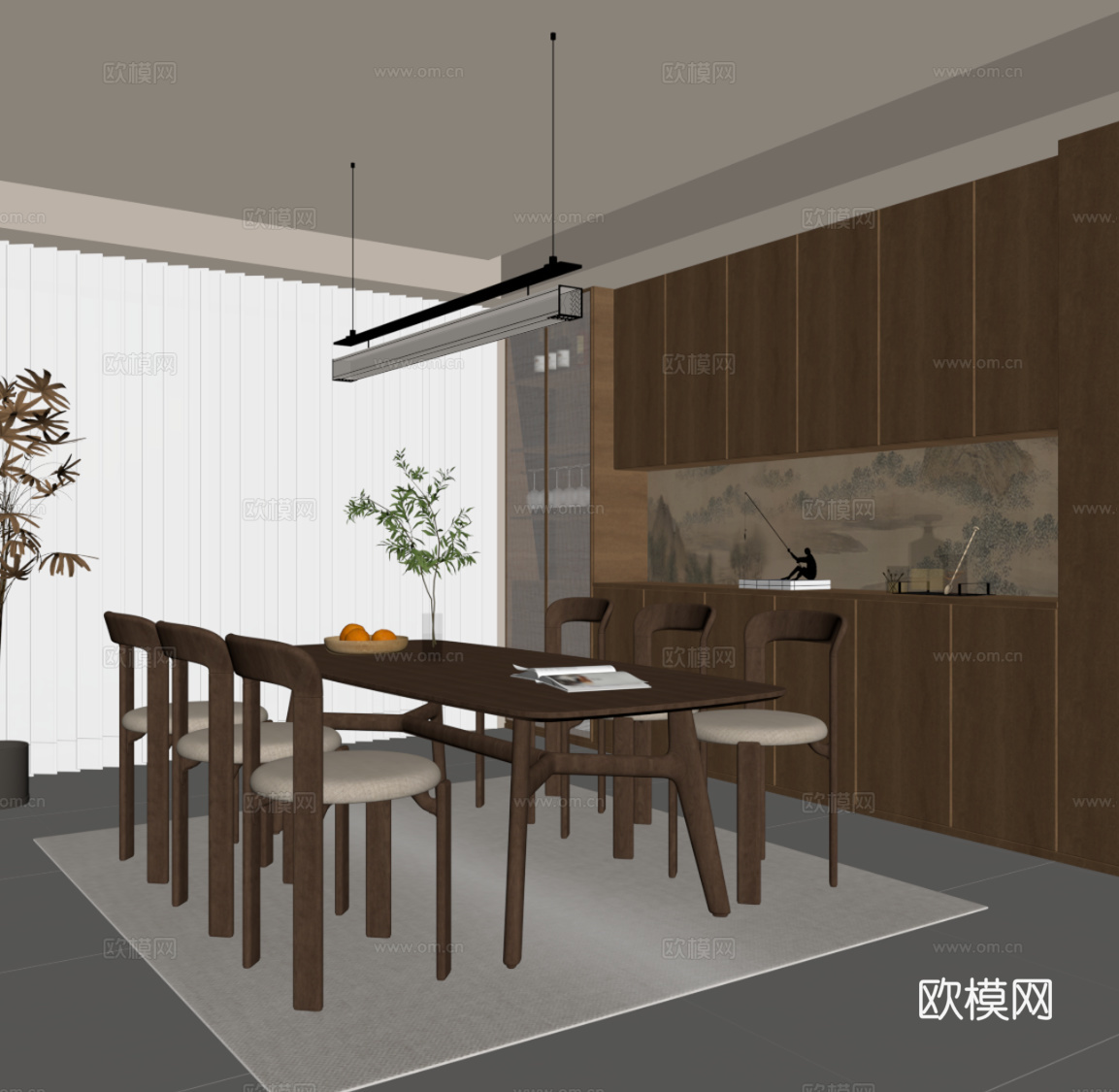 新中式餐厅 餐桌椅 餐边柜 酒柜su模型