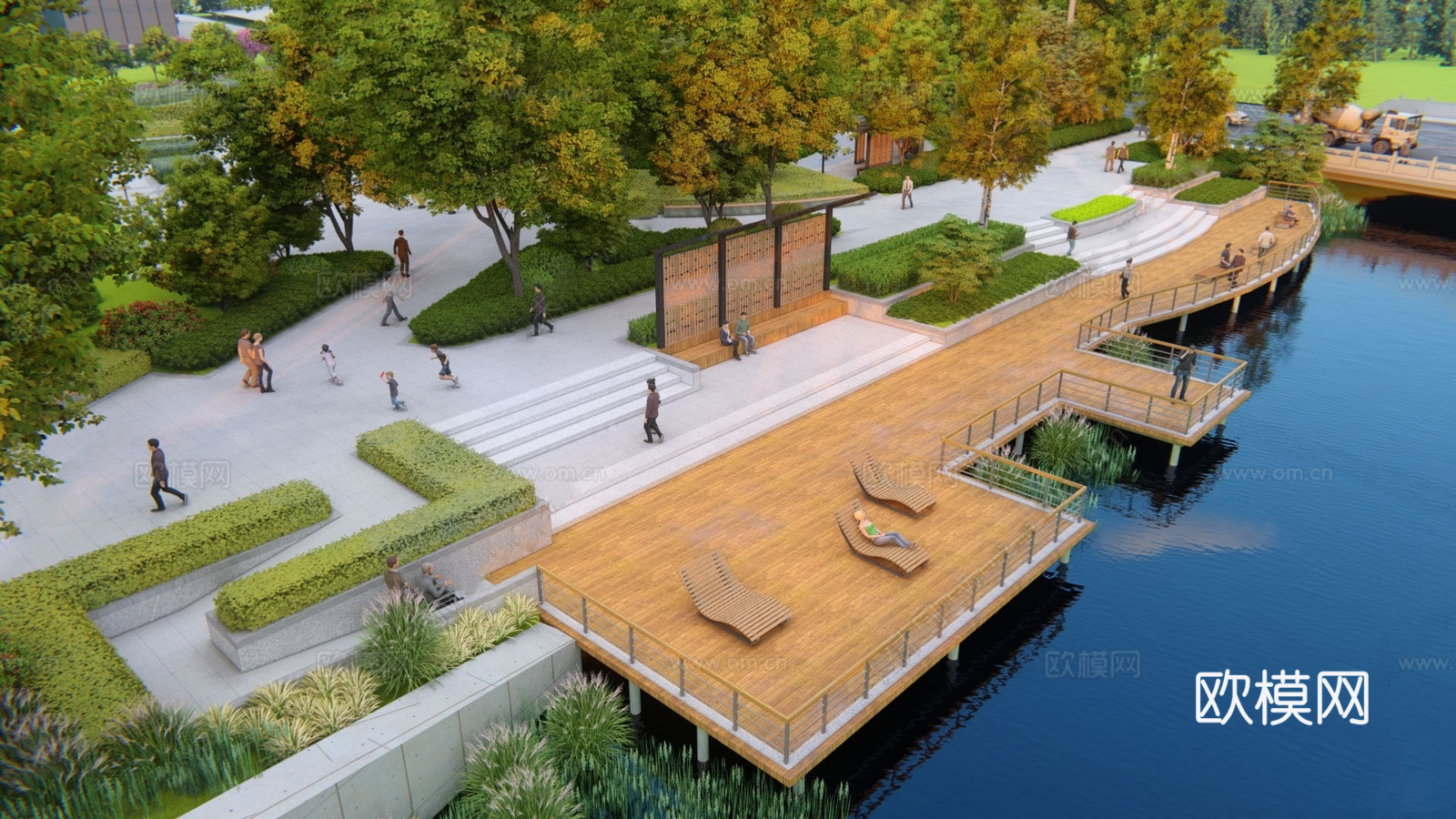 现代滨水景观 河岸景观 滨水景观公园 滨江栈道景观su模型