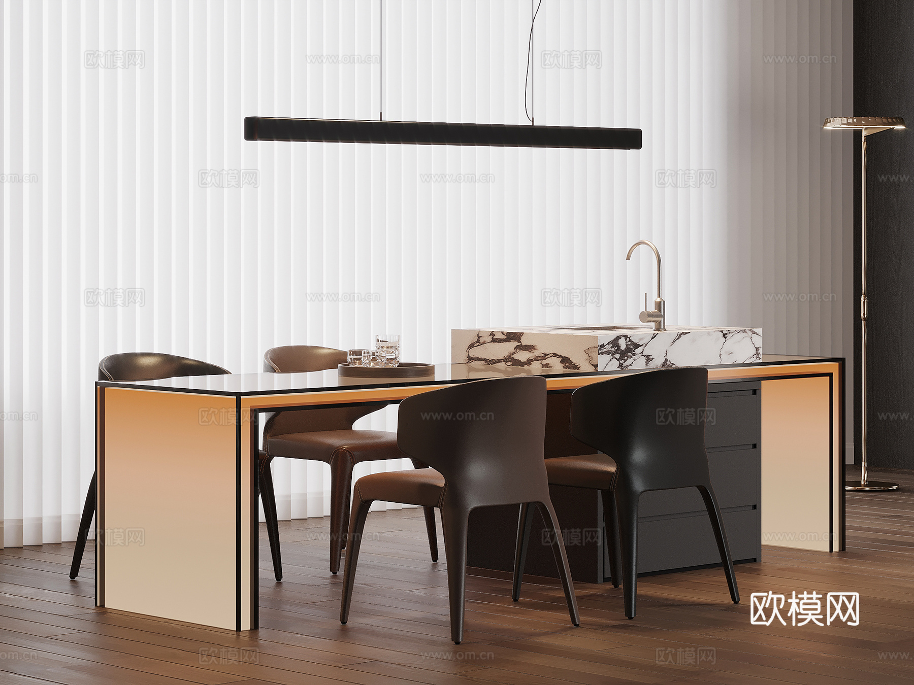 现代意式岛台 餐桌椅su模型