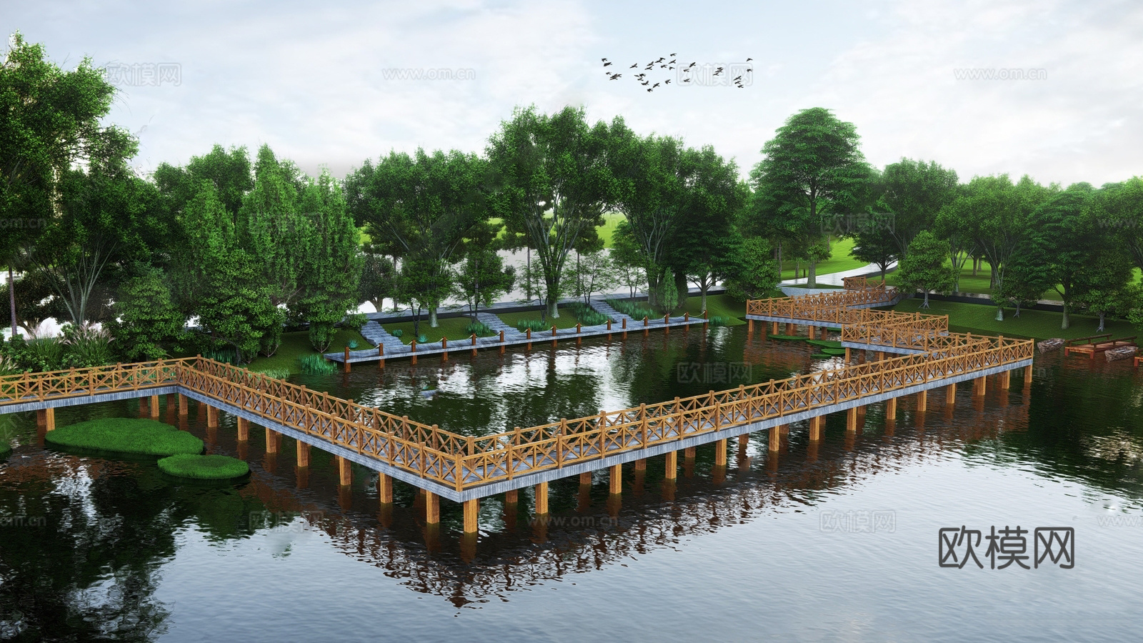 现代滨水景观 河岸景观 滨水景观公园 滨江栈道景观su模型