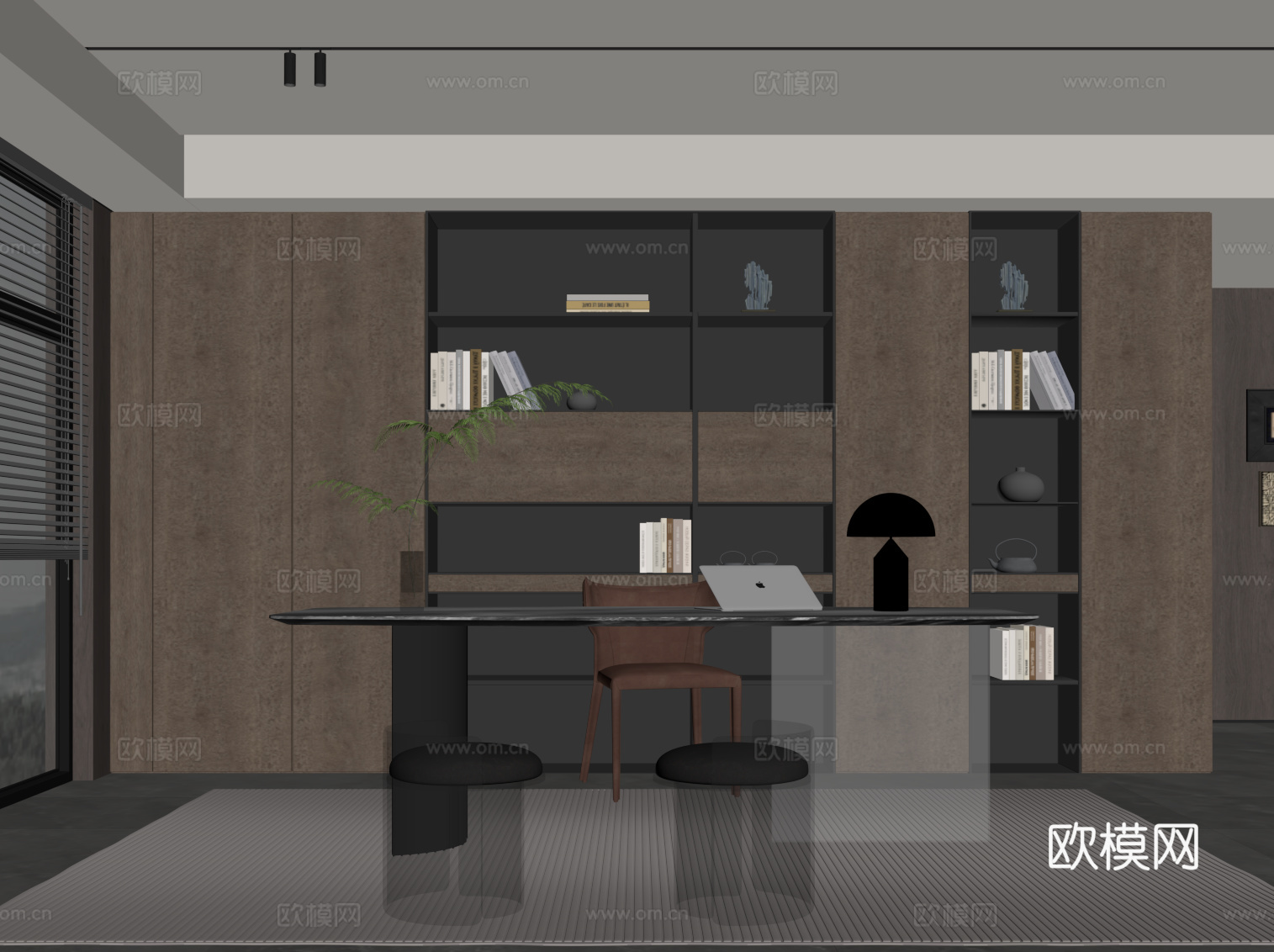 现代意式书房书柜 书桌椅su模型