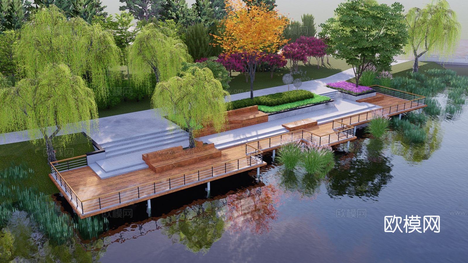 现代滨水景观 河岸景观 滨水景观公园 滨江栈道景观su模型