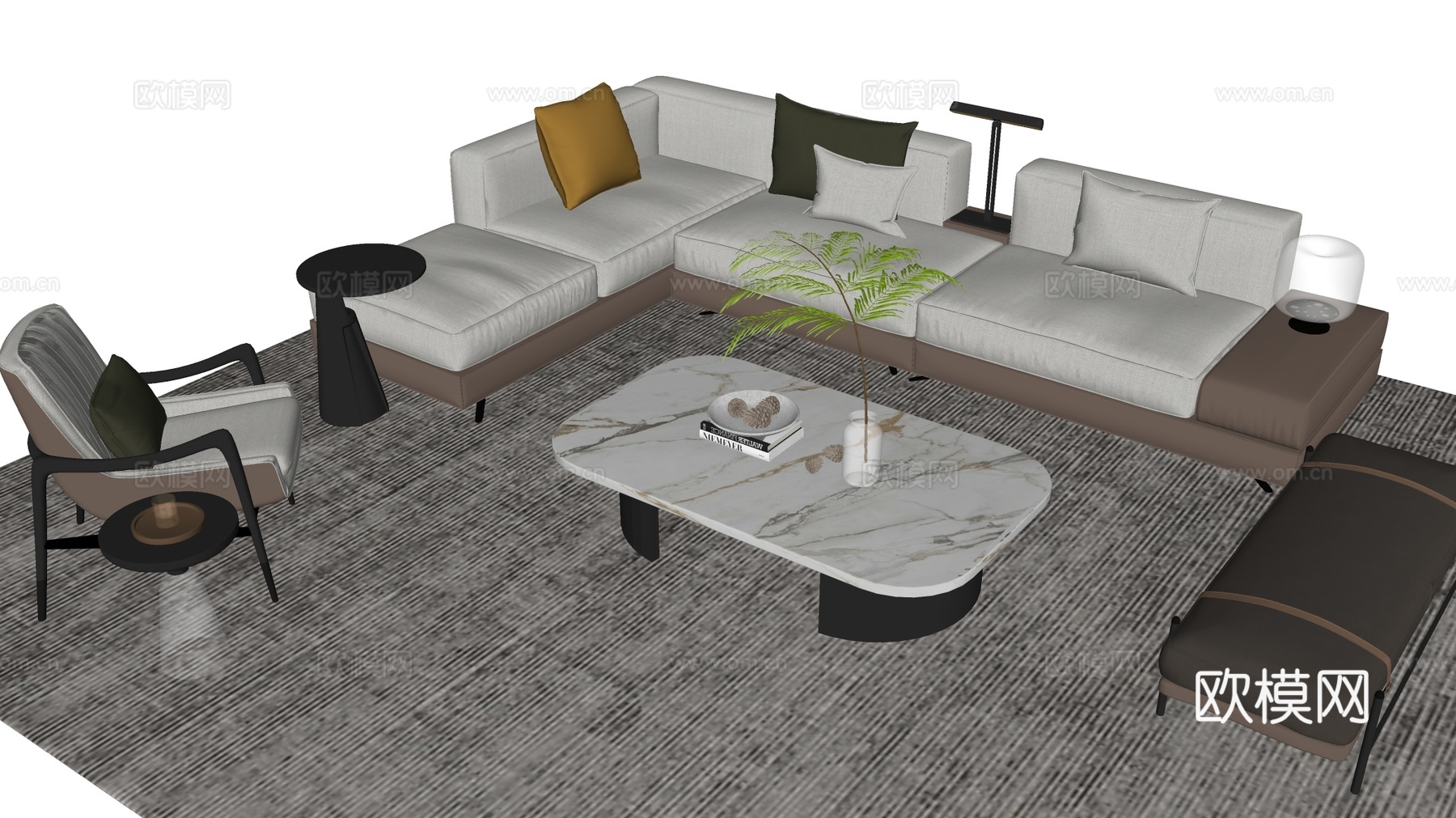 奶油风沙发茶几组合 L型沙发 布艺沙发 单人休闲椅 抱枕靠垫su模型