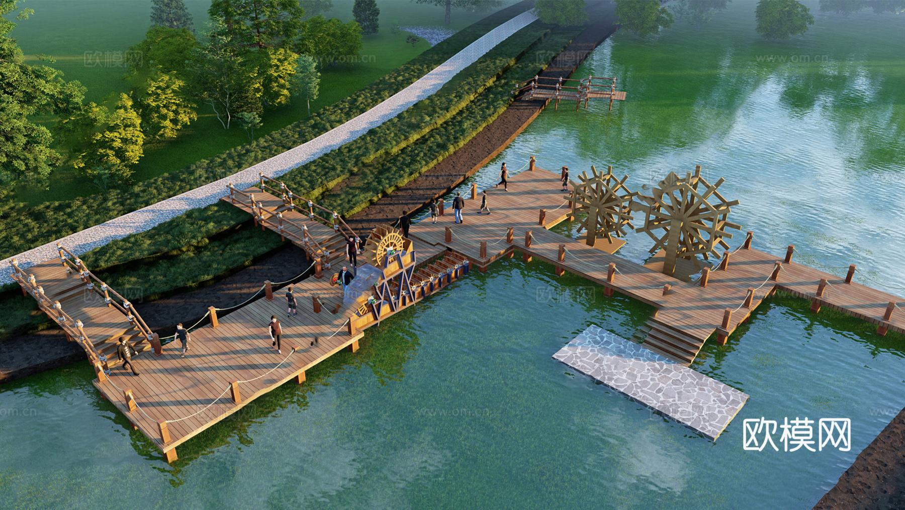 现代滨水景观 河岸景观 滨水景观公园 滨江栈道景观su模型