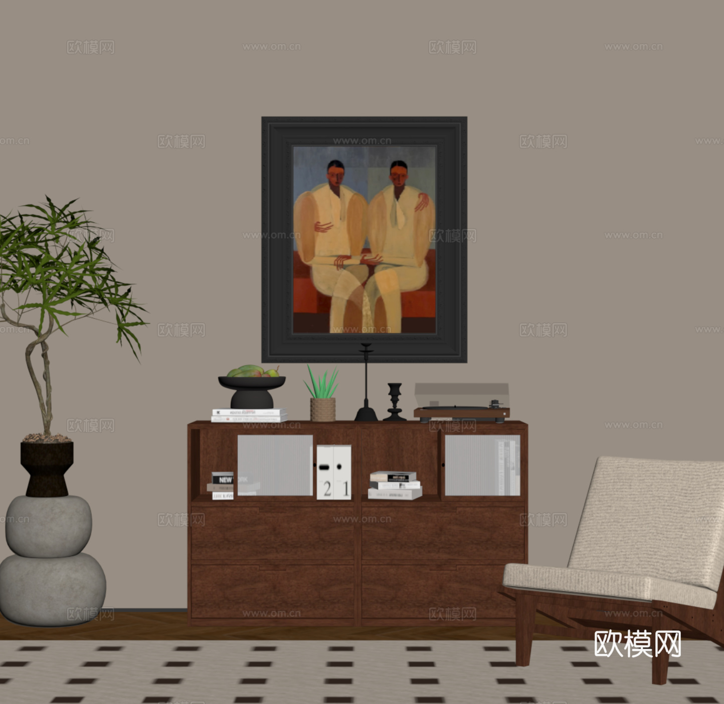 中古风玄关柜 边柜 端景柜 休闲椅su模型