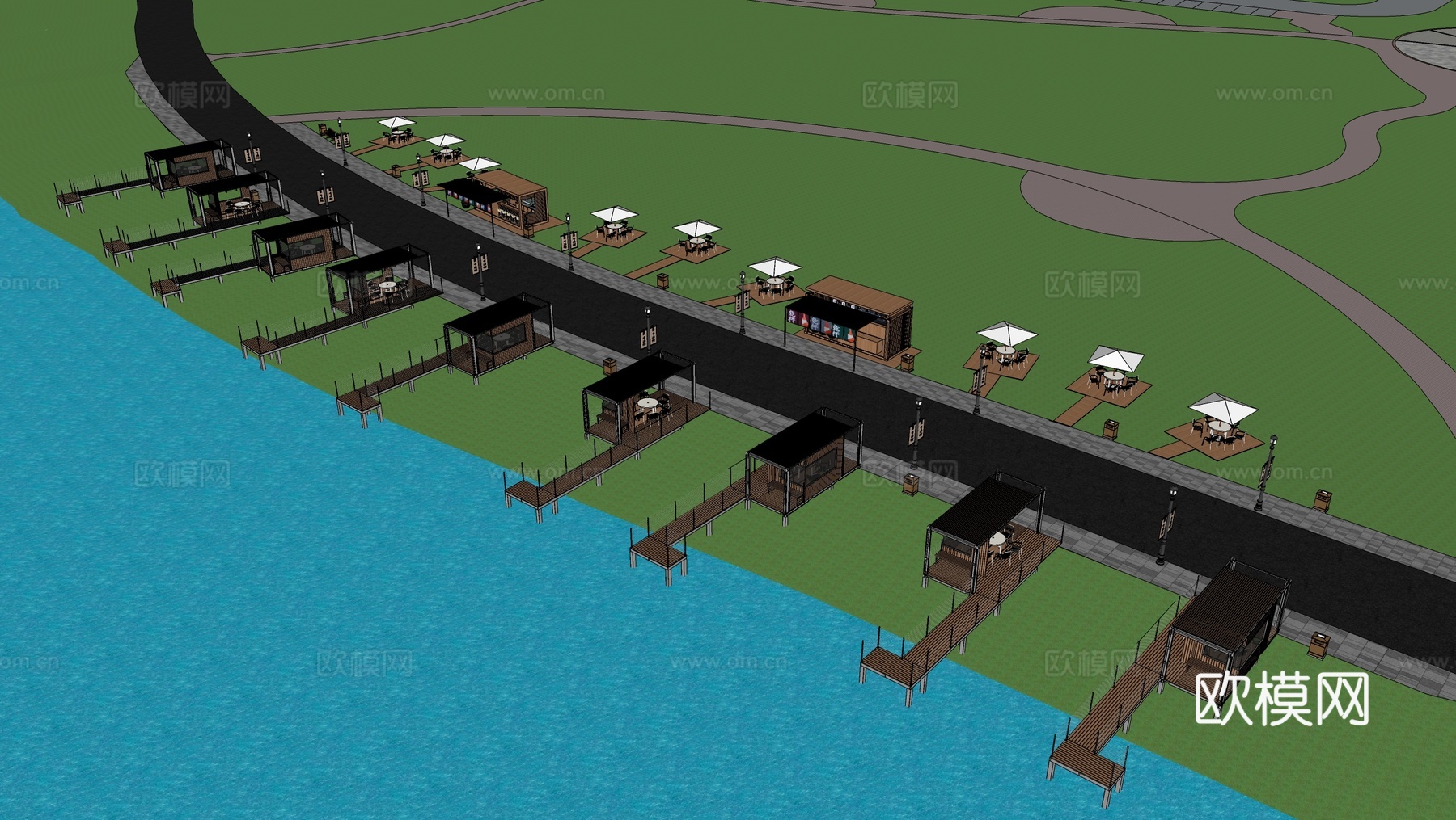 现代滨水景观 河岸景观 滨水景观公园 滨江栈道景观su模型