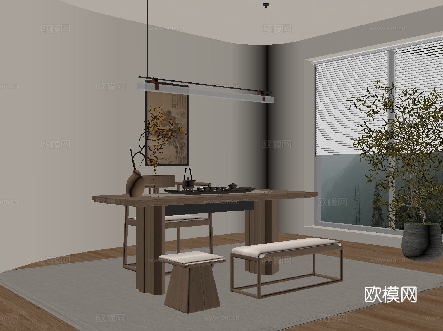 新中式茶桌椅 茶台su模型