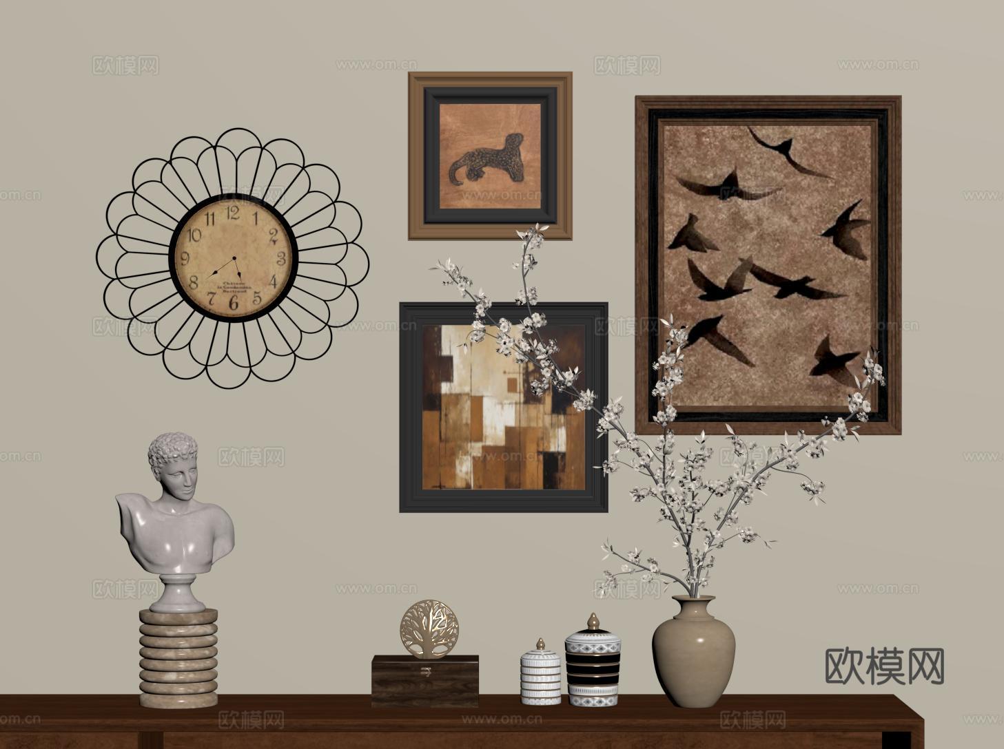 法式复古装饰挂画 动物画 抽象画 饰品摆件 钟表su模型