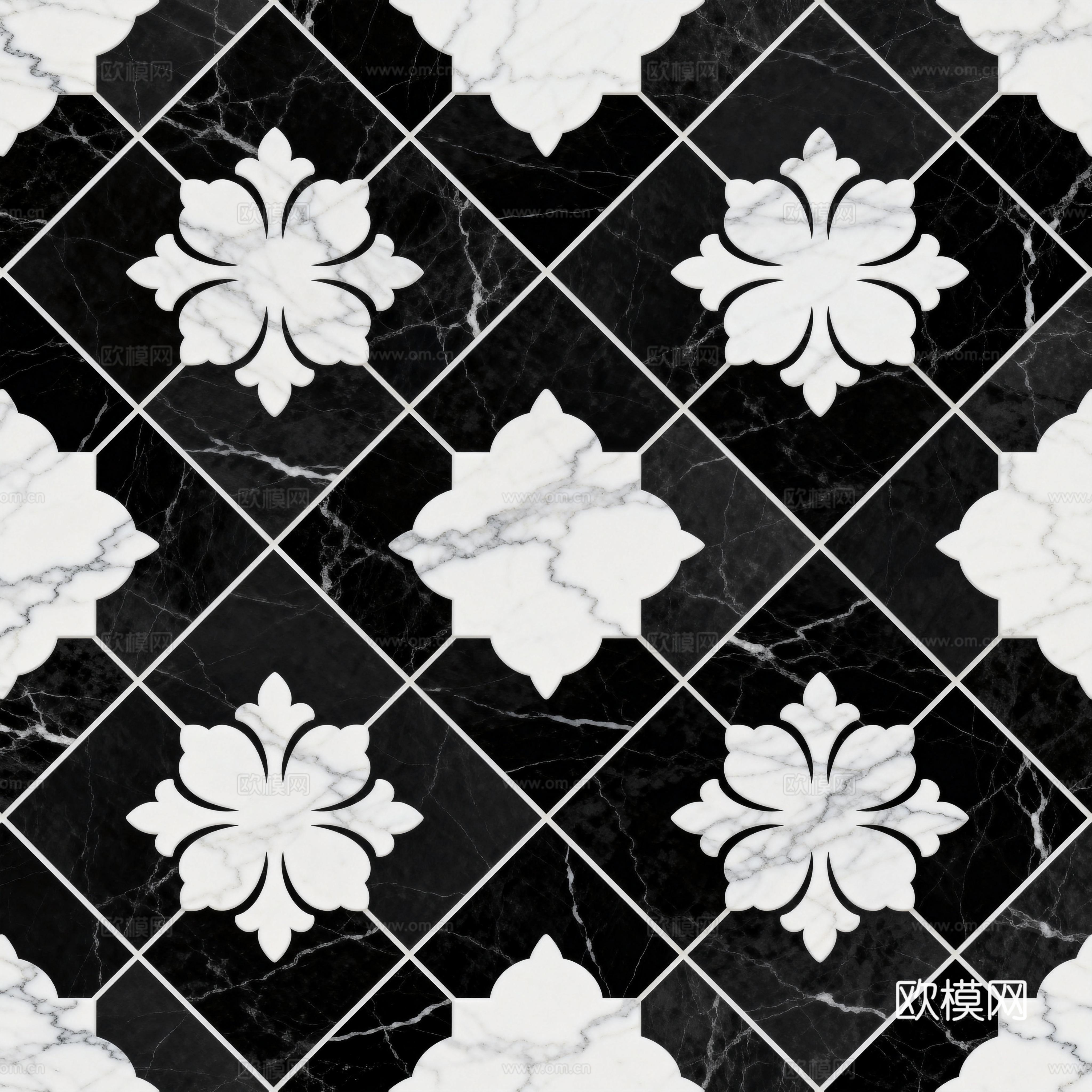 花砖 黑白石材拼花 花卉几何图案水刀石材拼花地砖 石材马赛克