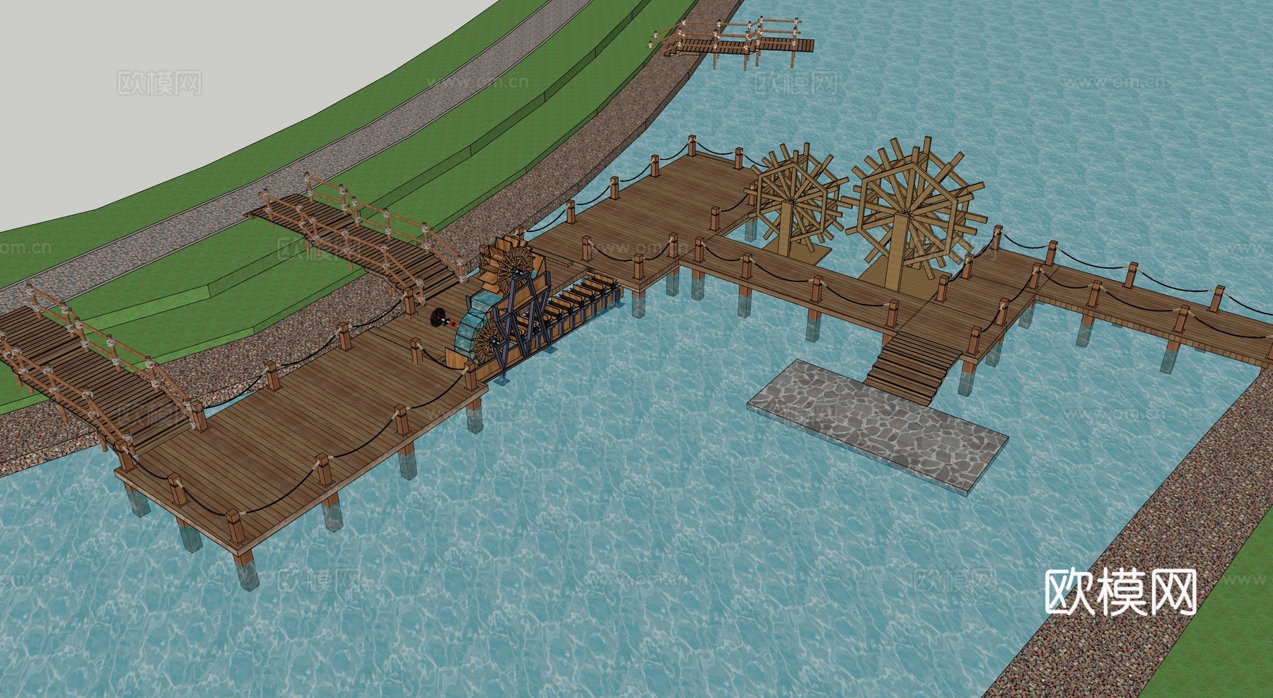 现代滨水景观 河岸景观 滨水景观公园 滨江栈道景观su模型