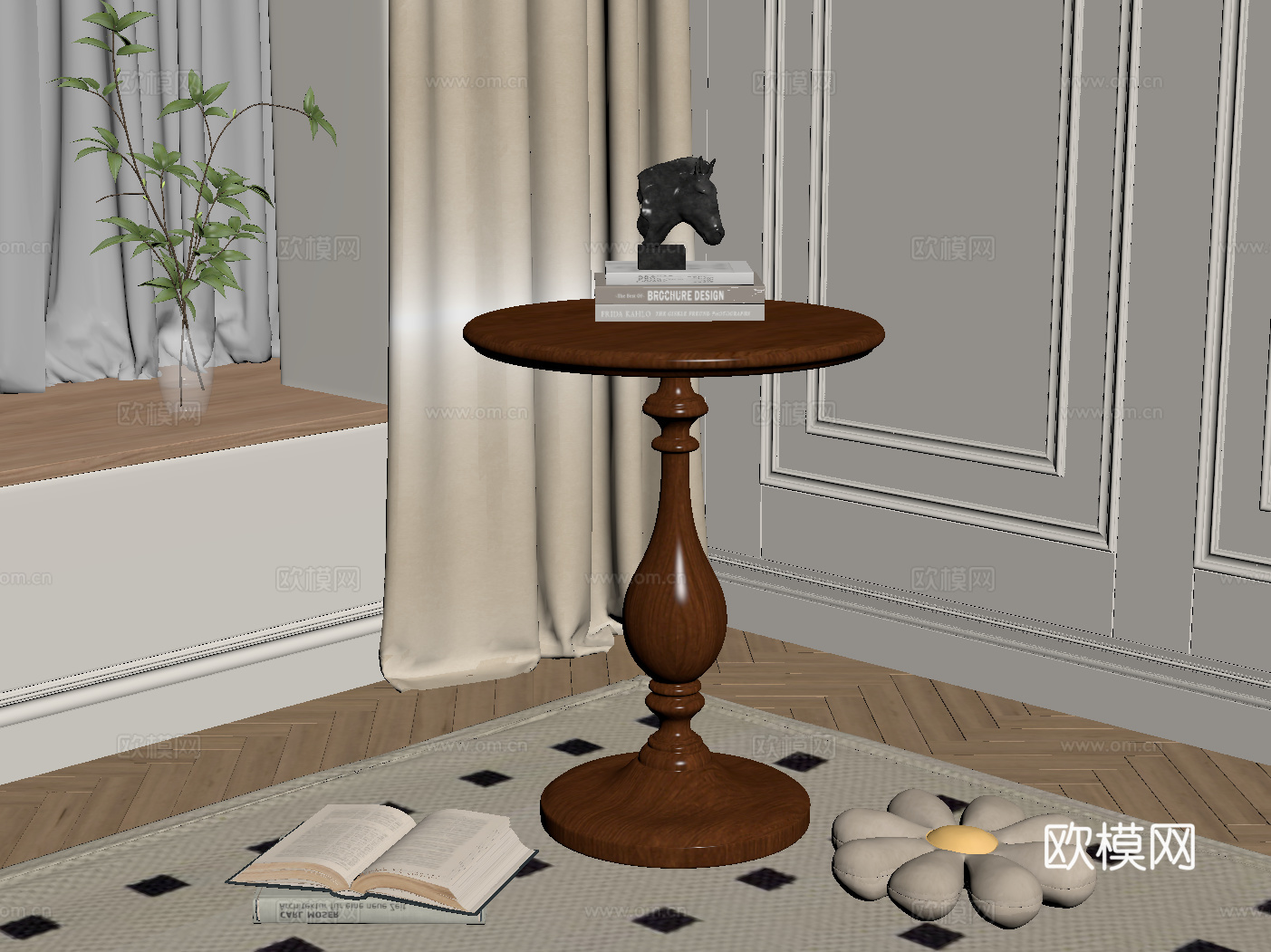 法式复古边几 实木小茶几 圆形边几su模型