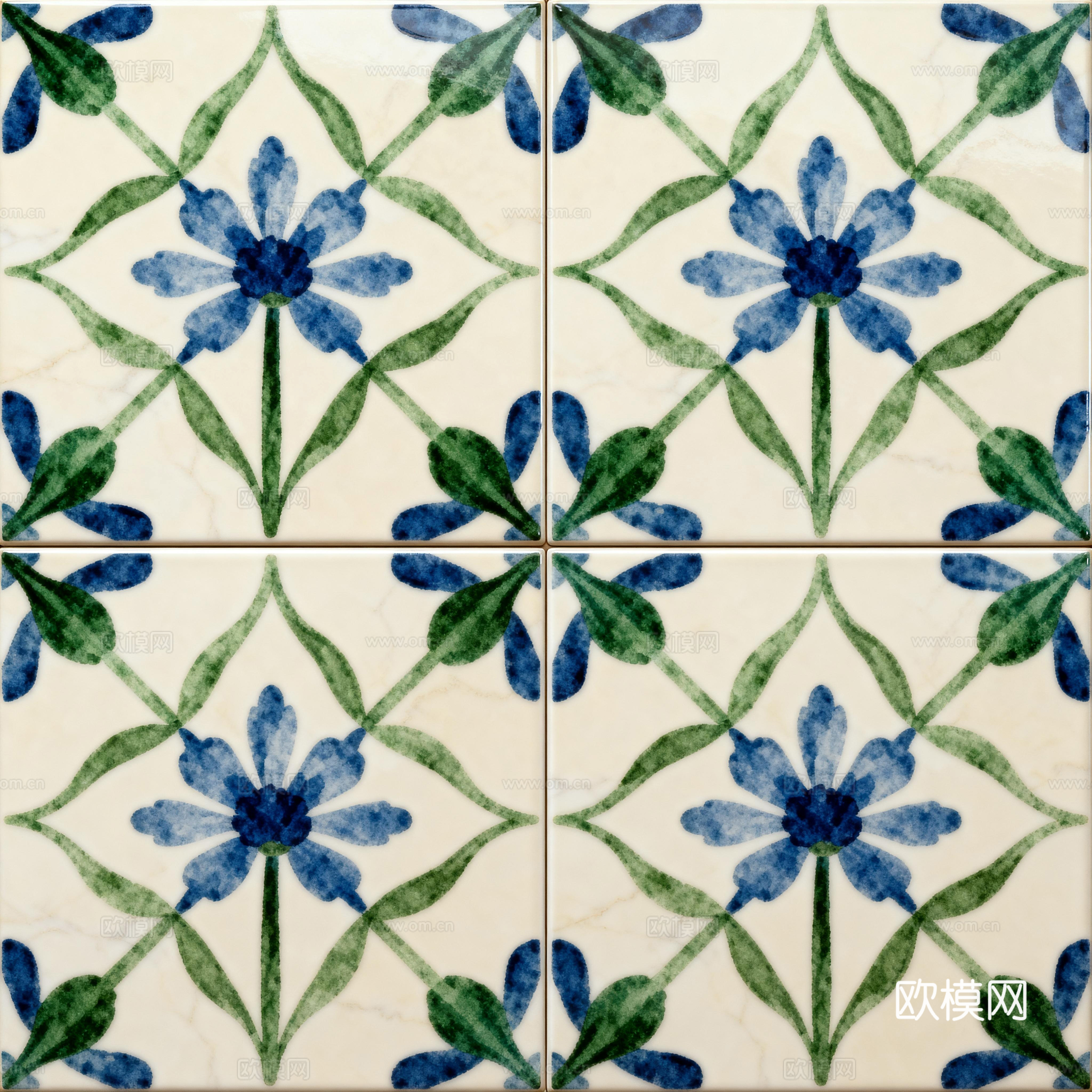 蓝绿色花砖 绿色手绘艺术花砖 工艺砖 花纹图案花砖