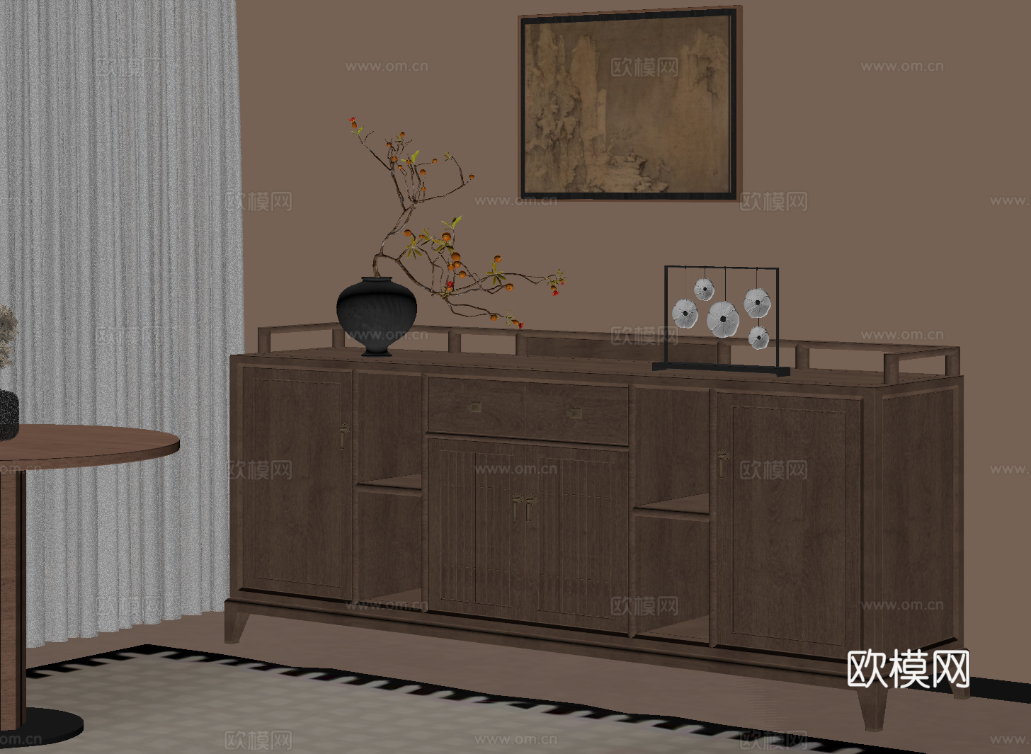 新中式餐边柜 茶水柜su模型