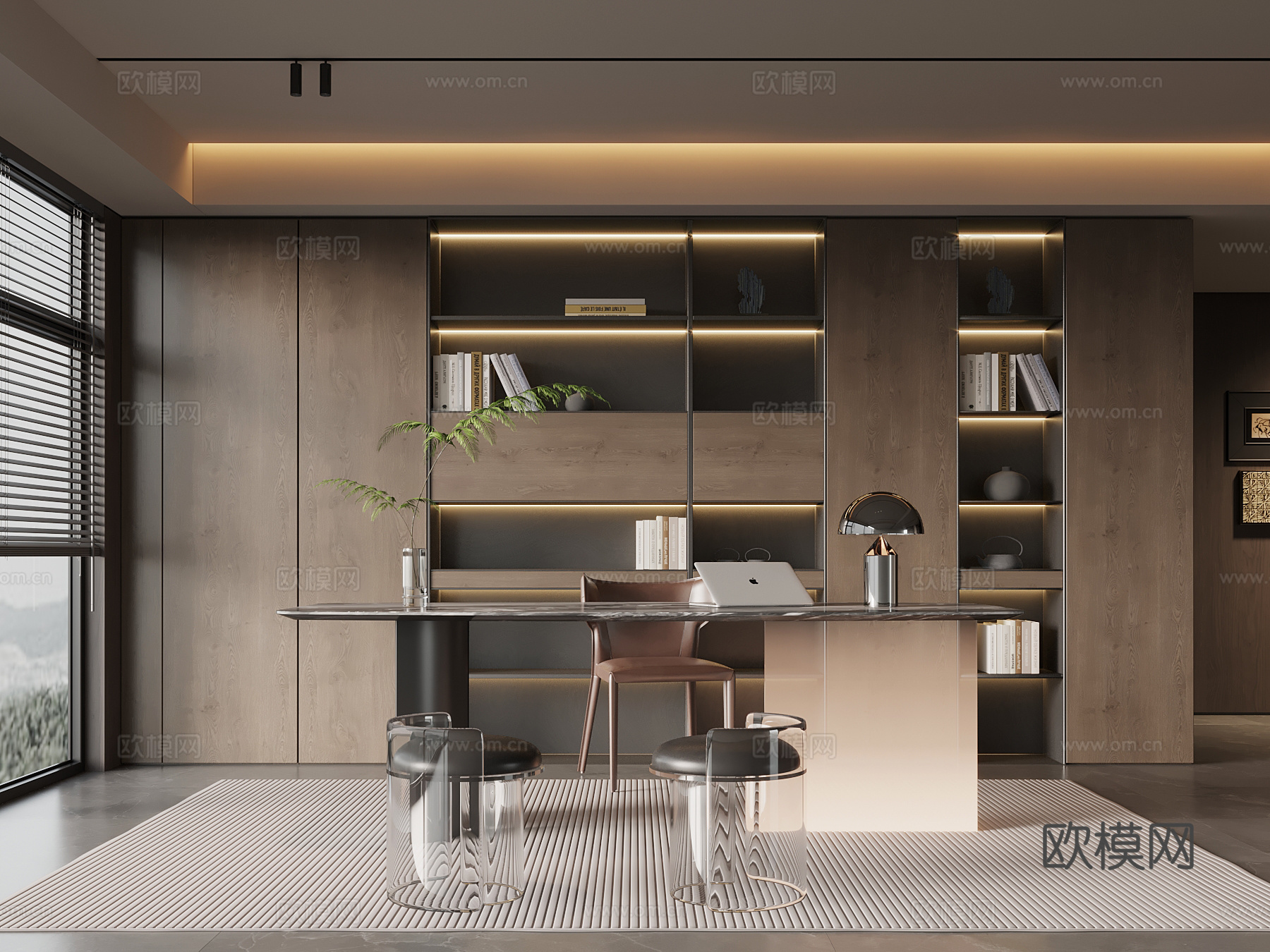 现代意式书房书柜 书桌椅su模型
