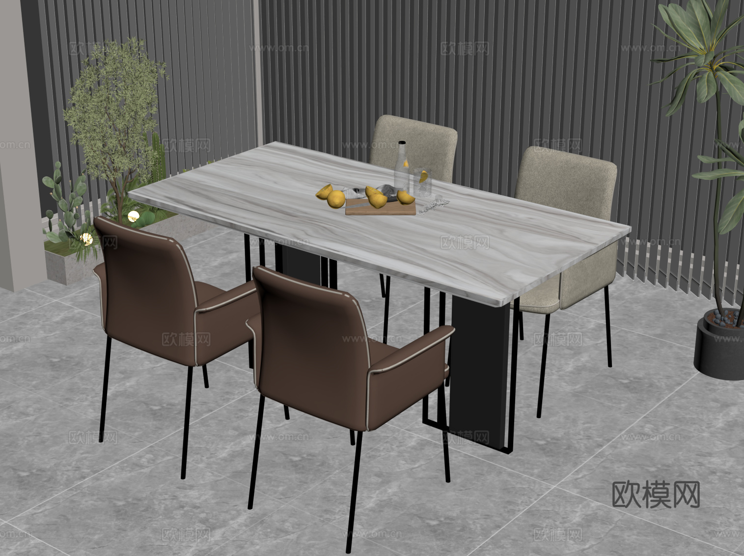 现代餐桌椅 条形餐桌su模型