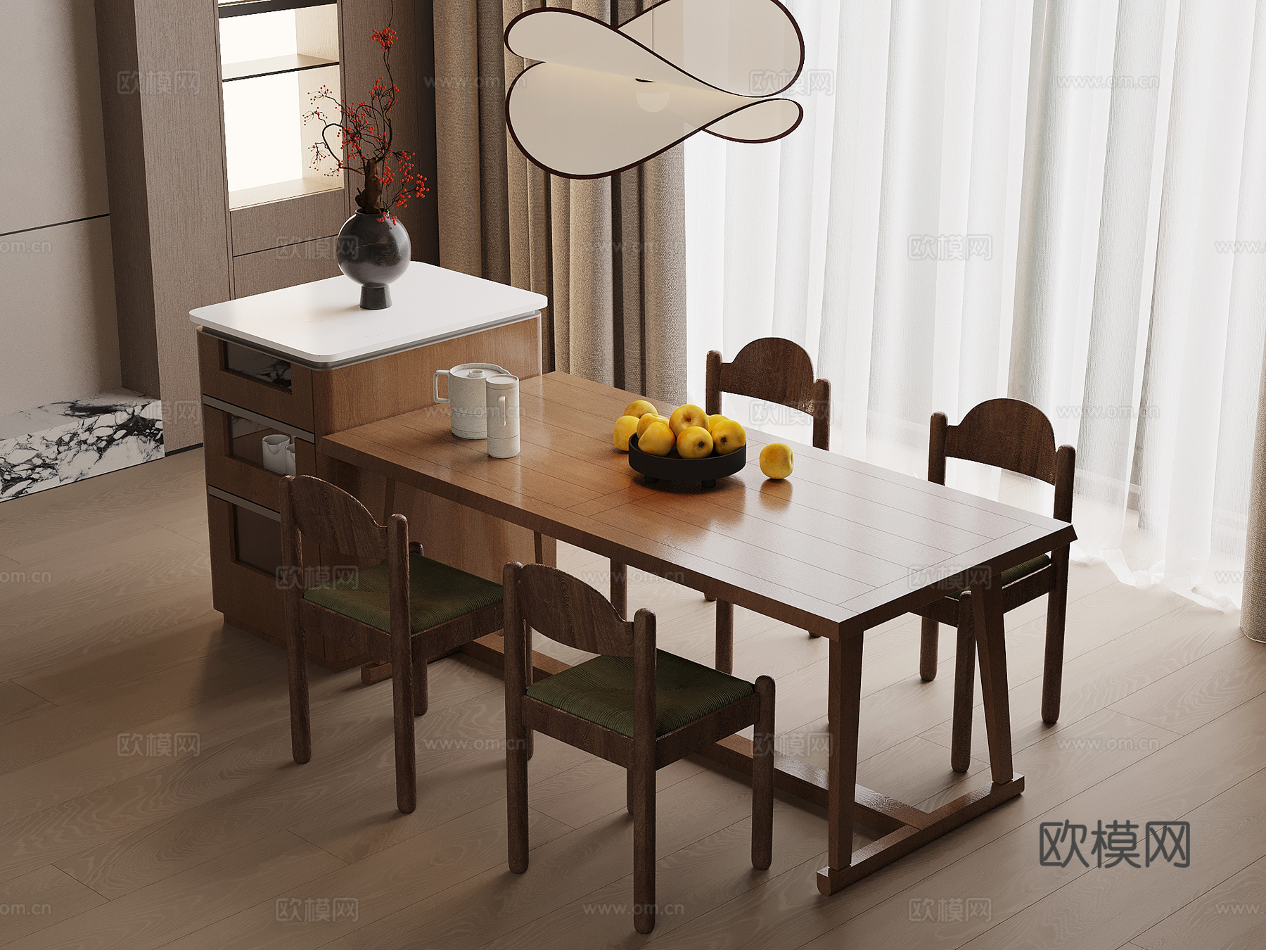 中古风岛台 餐桌椅su模型