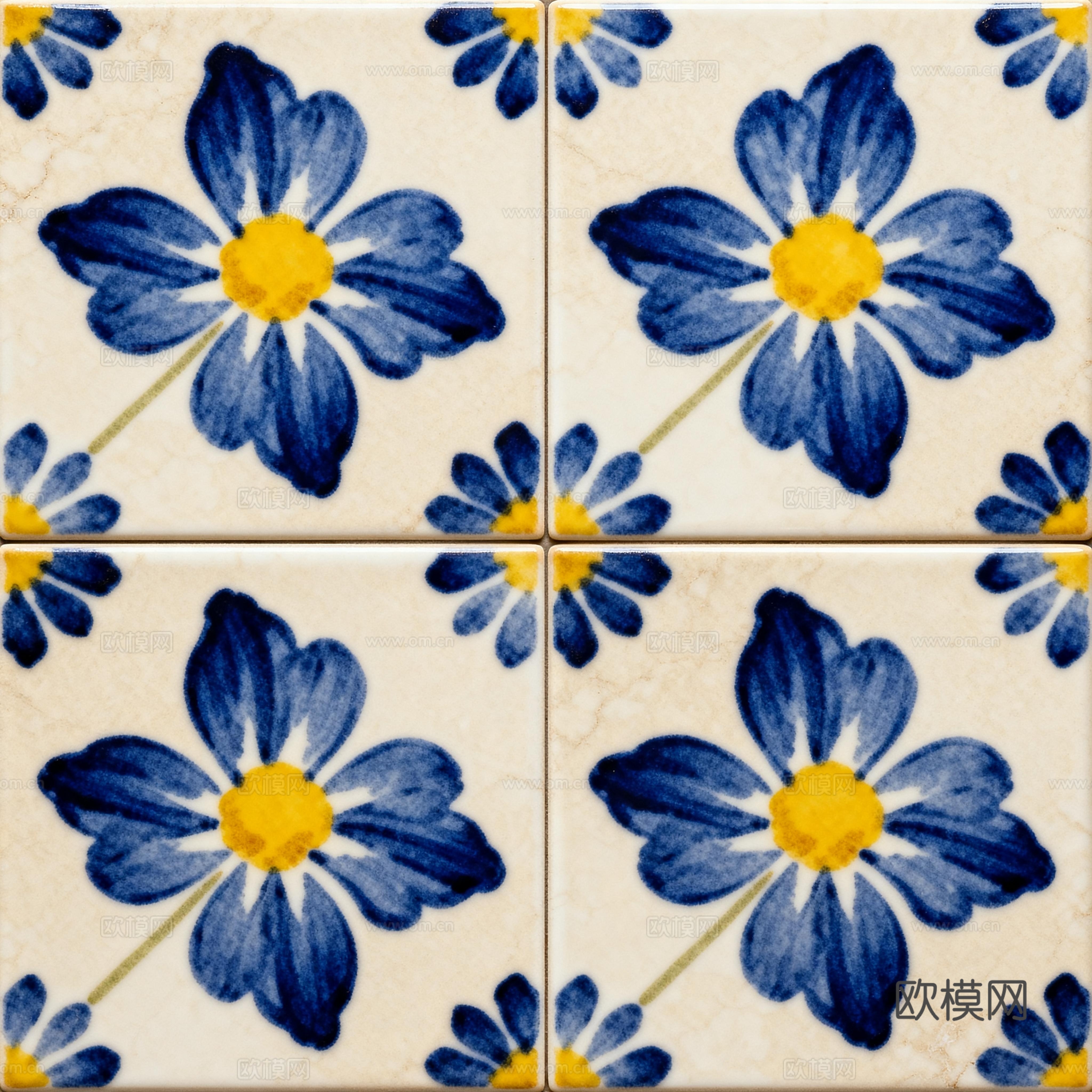 蓝黄色花砖 蓝色手绘艺术花砖 工艺砖 花纹图案花砖