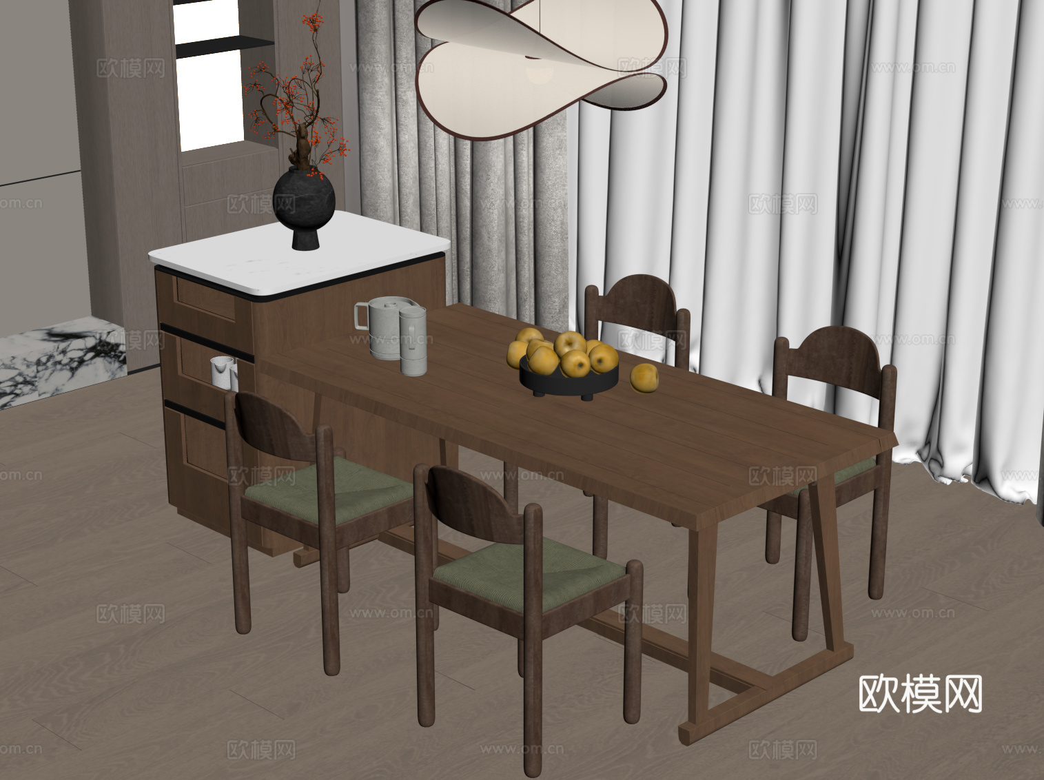 中古风岛台 餐桌椅su模型