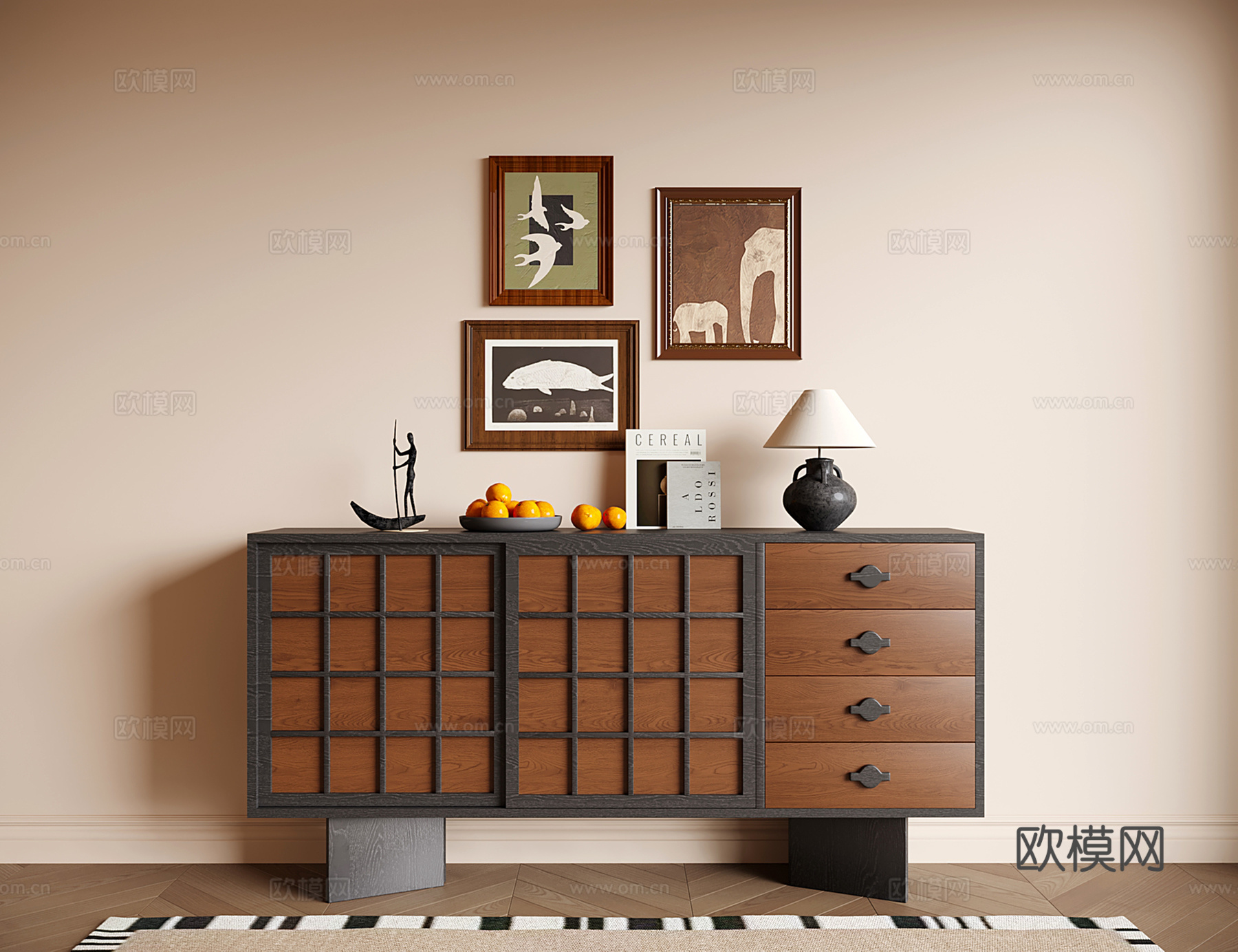复古中古餐边柜 储物柜 收纳柜 玄关柜su模型